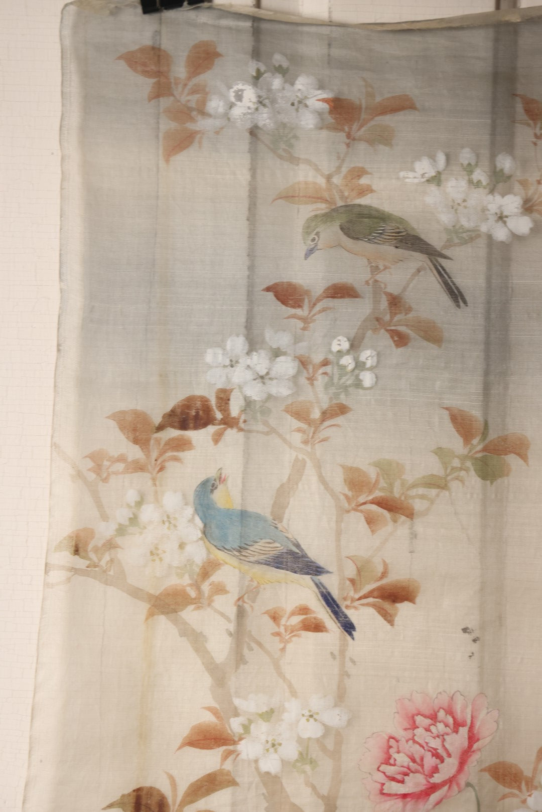 Lot 032 - Large Vintage East Asian Hand Painted Textile With Blue And Green Perched Birds, Bright Flowers, Foliage, 13.5" X 34"