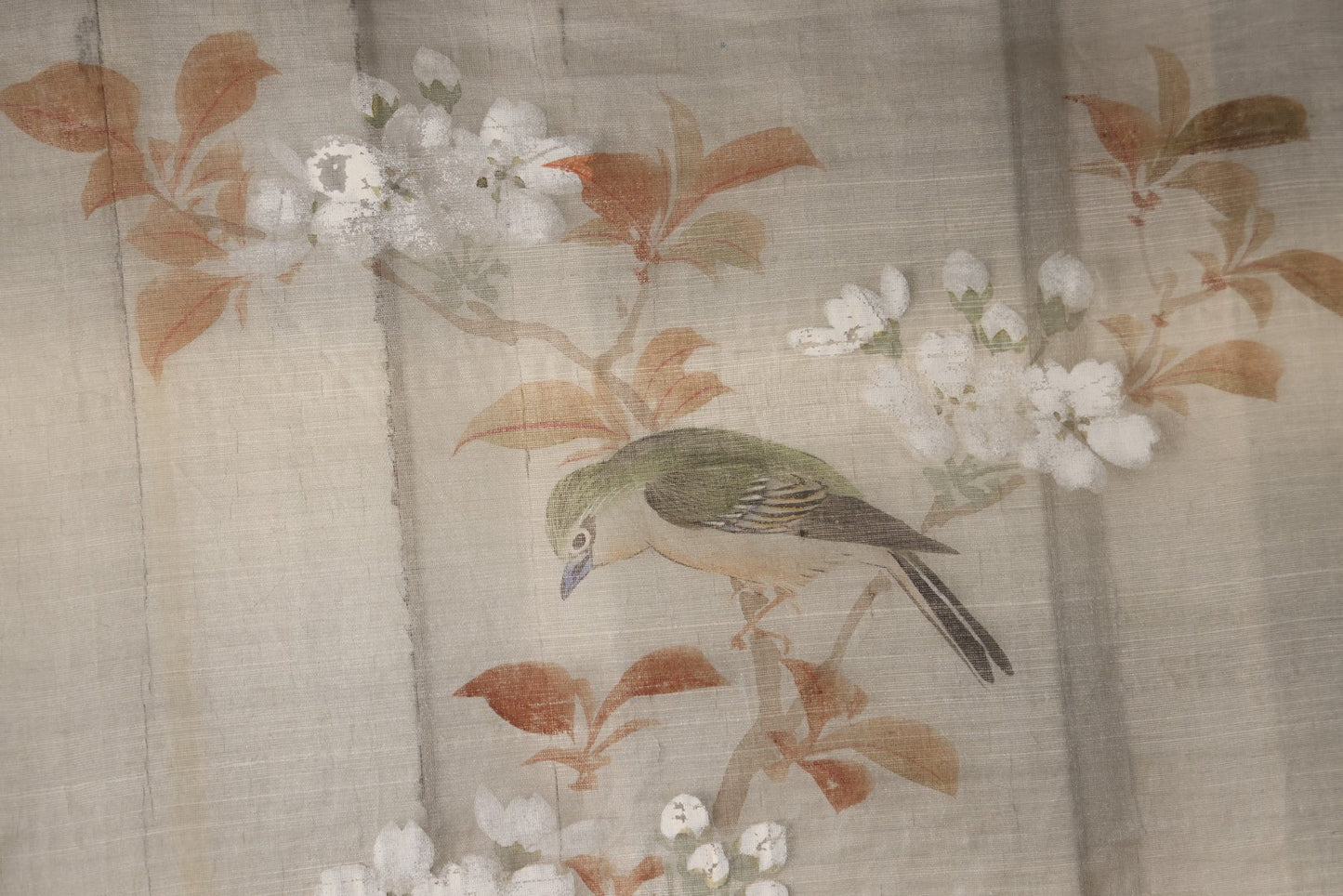 Lot 032 - Large Vintage East Asian Hand Painted Textile With Blue And Green Perched Birds, Bright Flowers, Foliage, 13.5" X 34"