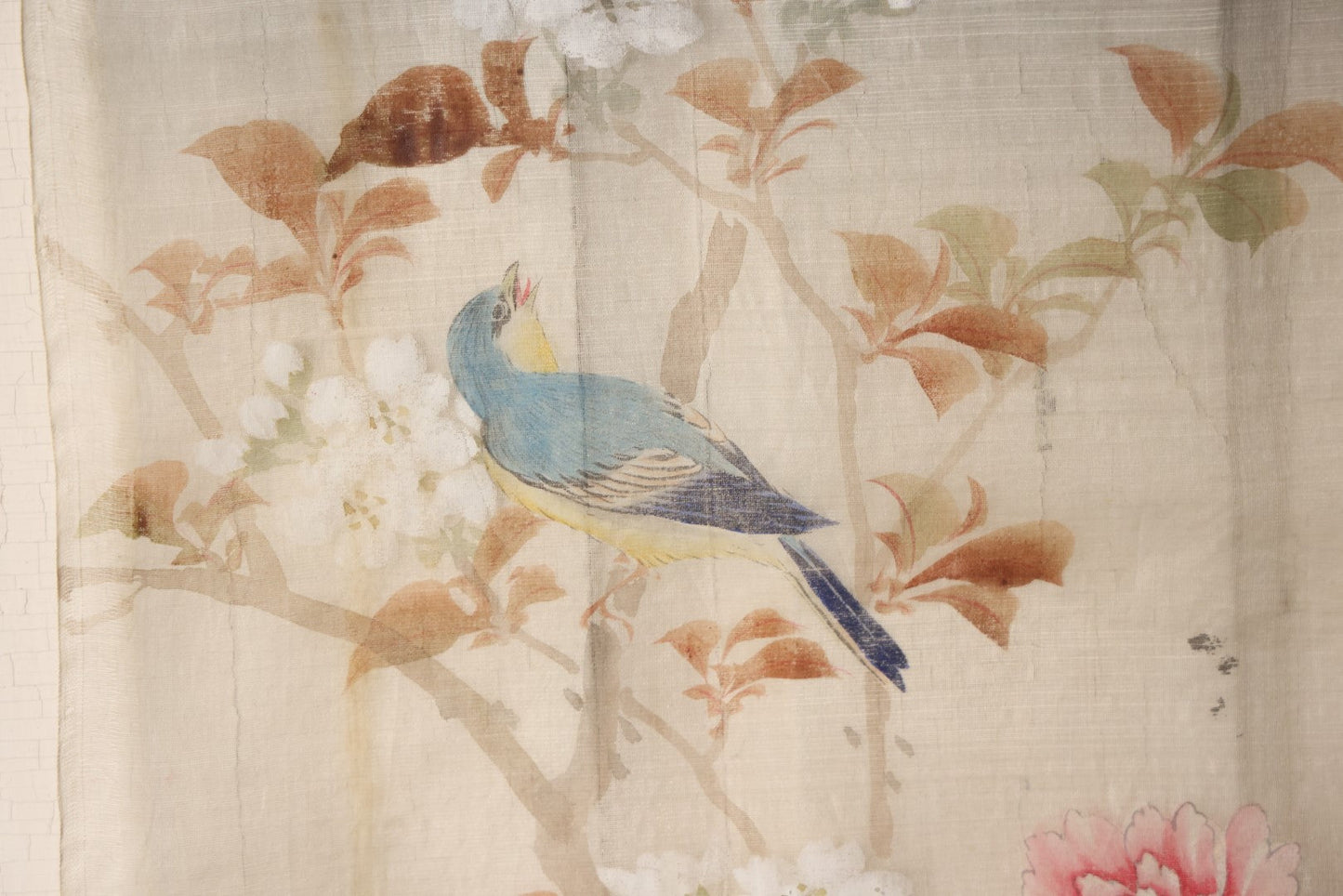 Lot 032 - Large Vintage East Asian Hand Painted Textile With Blue And Green Perched Birds, Bright Flowers, Foliage, 13.5" X 34"