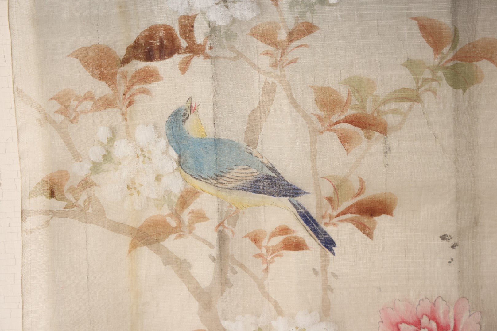 Lot 032 - Large Vintage East Asian Hand Painted Textile With Blue And Green Perched Birds, Bright Flowers, Foliage, 13.5" X 34"