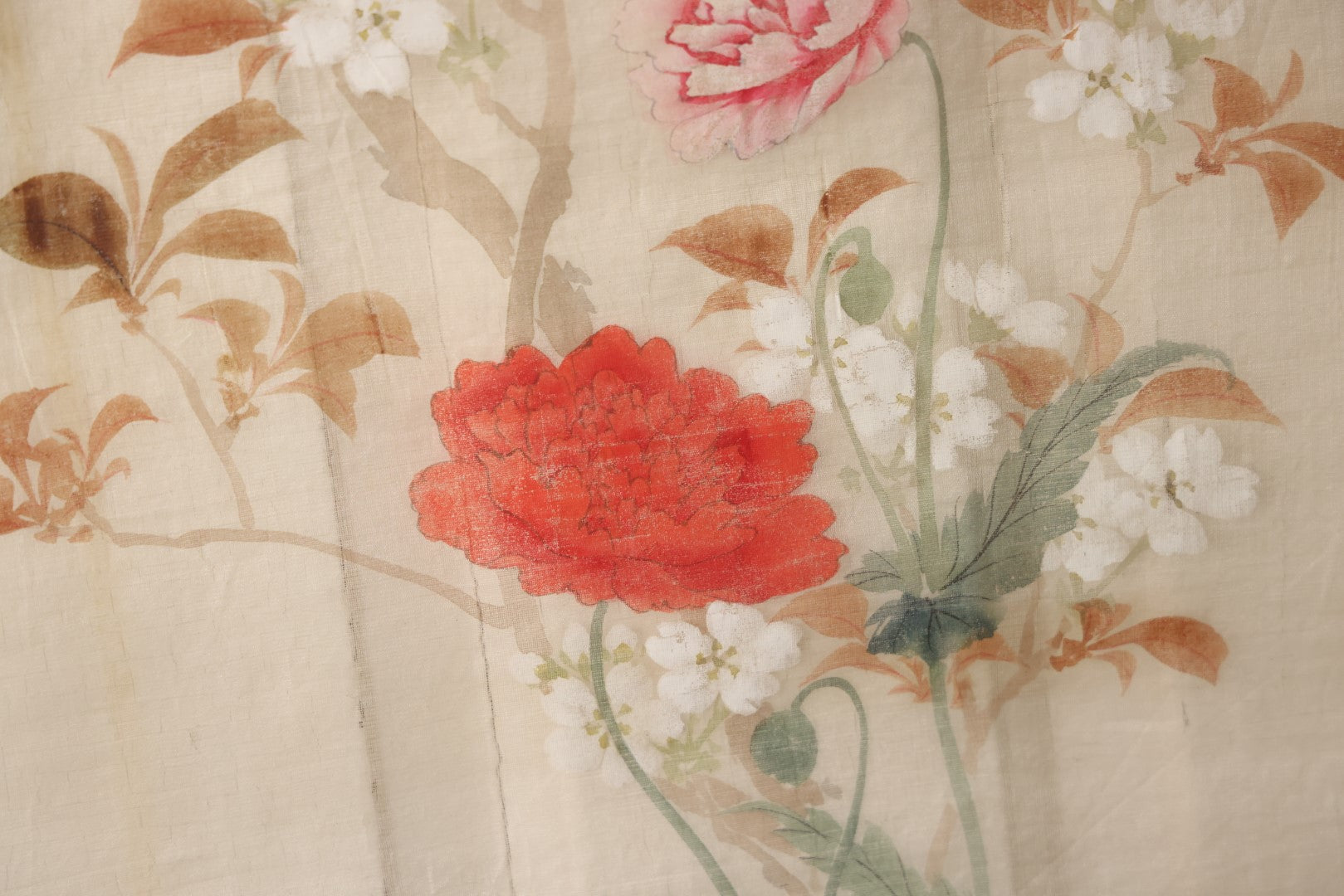 Lot 032 - Large Vintage East Asian Hand Painted Textile With Blue And Green Perched Birds, Bright Flowers, Foliage, 13.5" X 34"