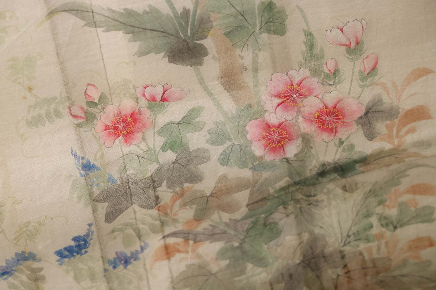 Lot 032 - Large Vintage East Asian Hand Painted Textile With Blue And Green Perched Birds, Bright Flowers, Foliage, 13.5" X 34"