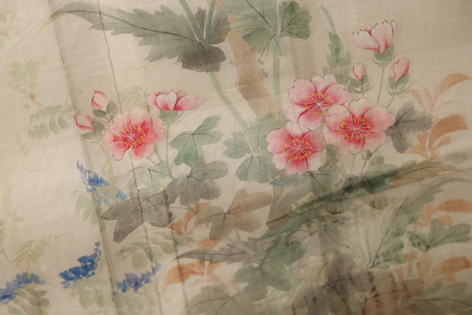 Lot 032 - Large Vintage East Asian Hand Painted Textile With Blue And Green Perched Birds, Bright Flowers, Foliage, 13.5" X 34"