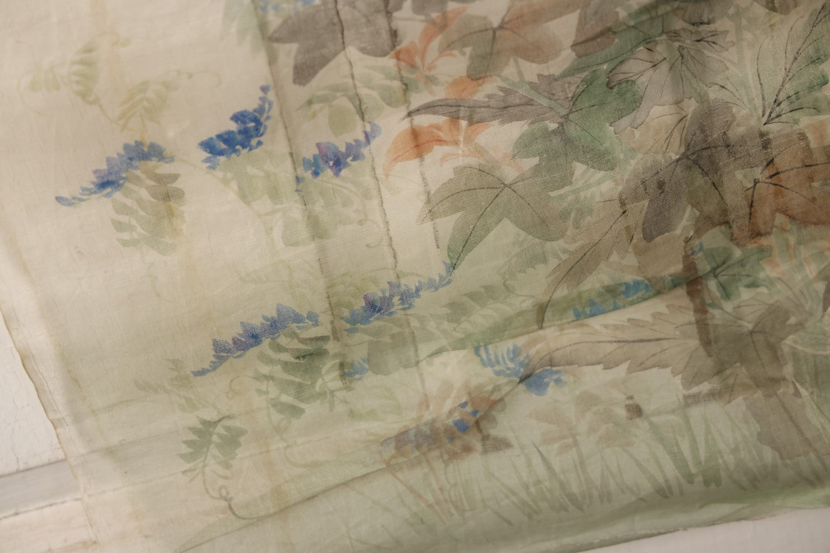 Lot 032 - Large Vintage East Asian Hand Painted Textile With Blue And Green Perched Birds, Bright Flowers, Foliage, 13.5" X 34"