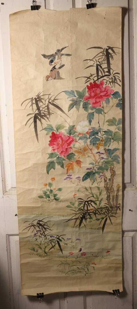 Lot 033 - Large Vintage East Asian Hand Painted Paper With Two Flying Birds, Finches, Flowers, Foliage, 19.5" X 53"