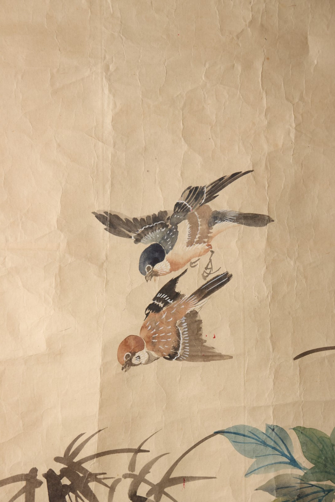Lot 033 - Large Vintage East Asian Hand Painted Paper With Two Flying Birds, Finches, Flowers, Foliage, 19.5" X 53"