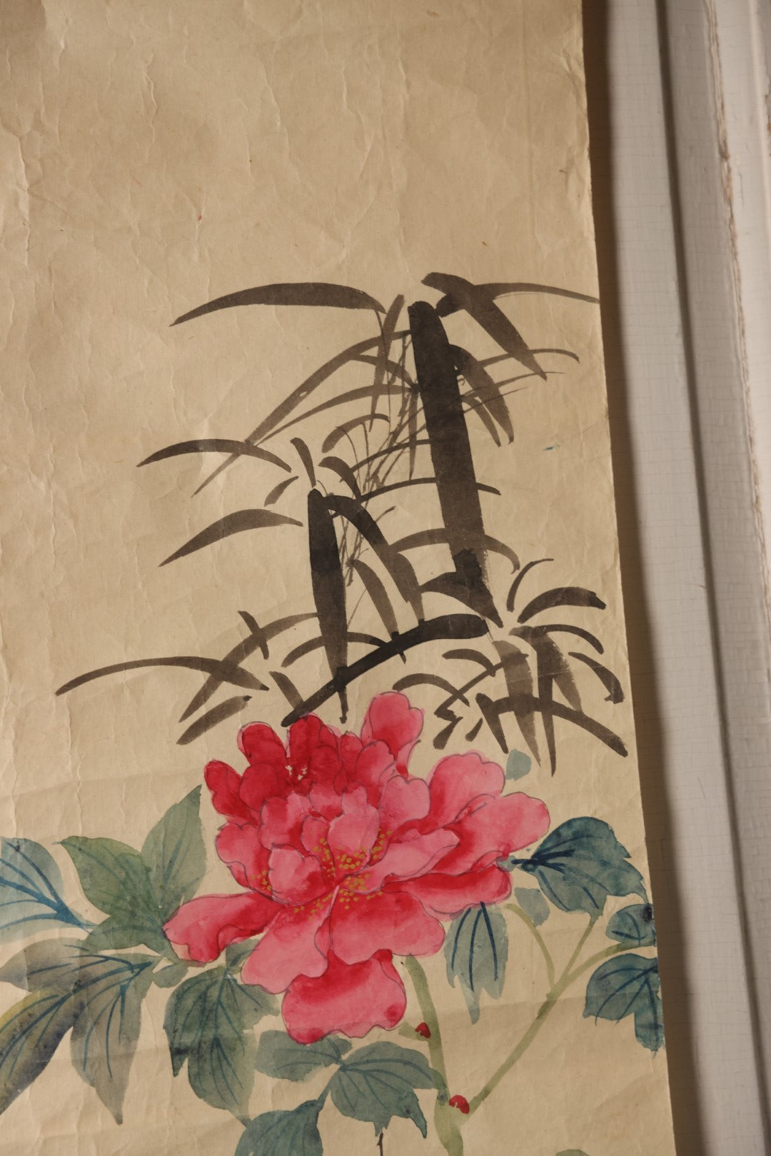 Lot 033 - Large Vintage East Asian Hand Painted Paper With Two Flying Birds, Finches, Flowers, Foliage, 19.5" X 53"