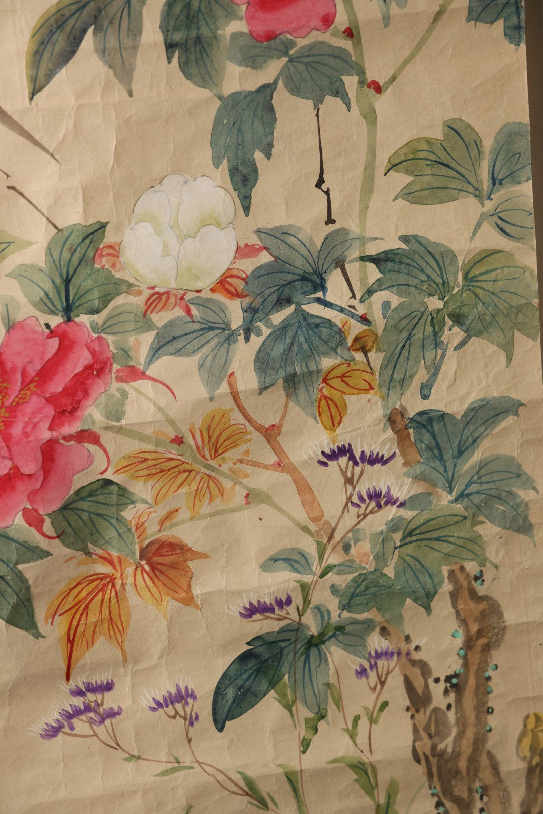 Lot 033 - Large Vintage East Asian Hand Painted Paper With Two Flying Birds, Finches, Flowers, Foliage, 19.5" X 53"
