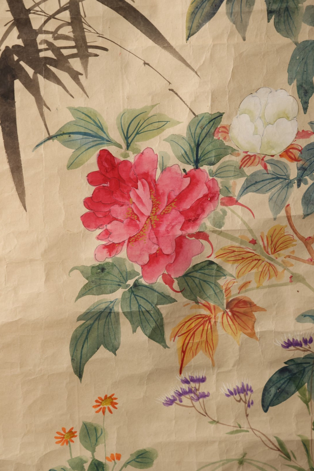 Lot 033 - Large Vintage East Asian Hand Painted Paper With Two Flying Birds, Finches, Flowers, Foliage, 19.5" X 53"