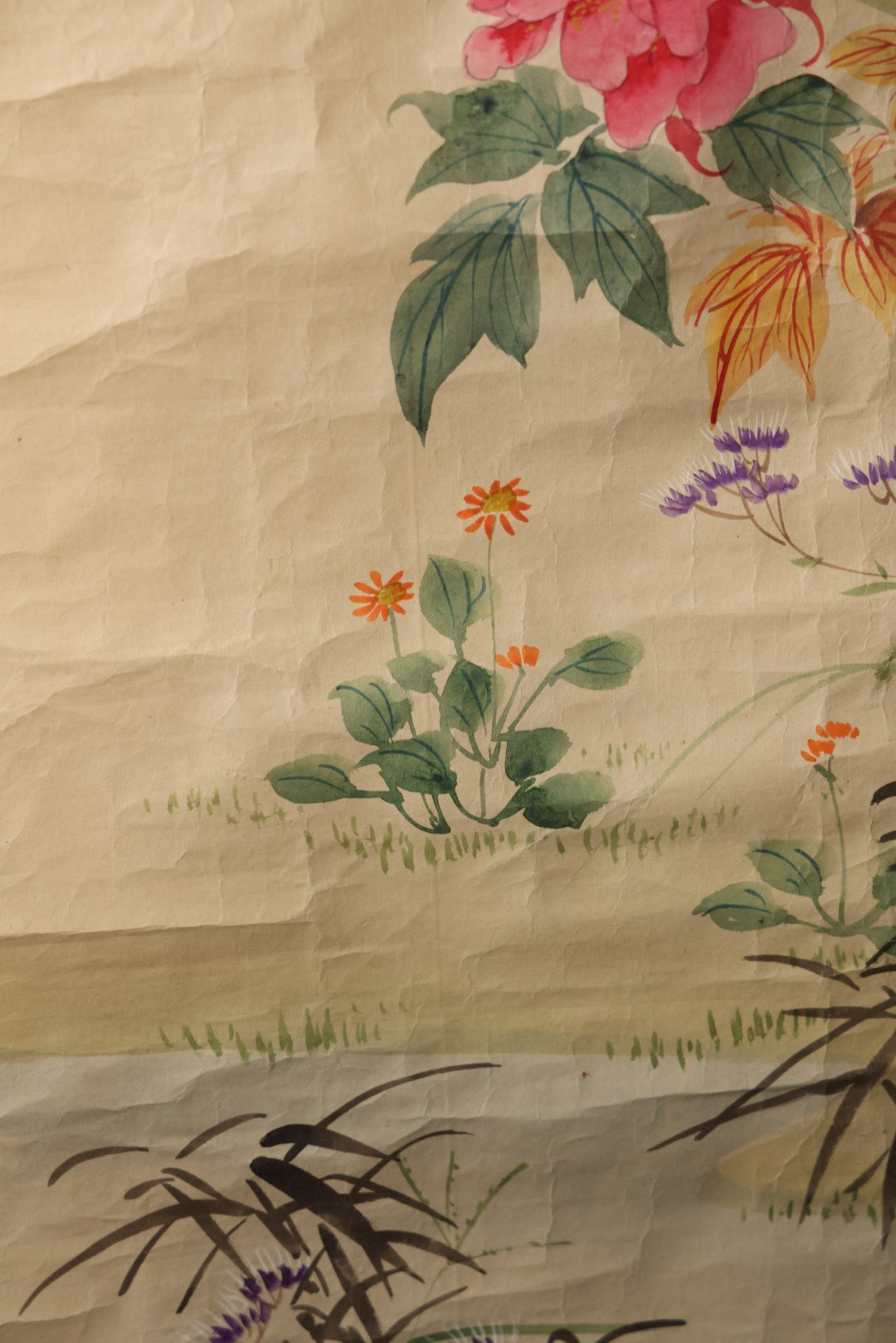 Lot 033 - Large Vintage East Asian Hand Painted Paper With Two Flying Birds, Finches, Flowers, Foliage, 19.5" X 53"