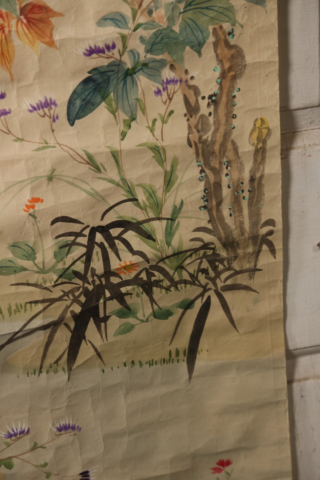 Lot 033 - Large Vintage East Asian Hand Painted Paper With Two Flying Birds, Finches, Flowers, Foliage, 19.5" X 53"