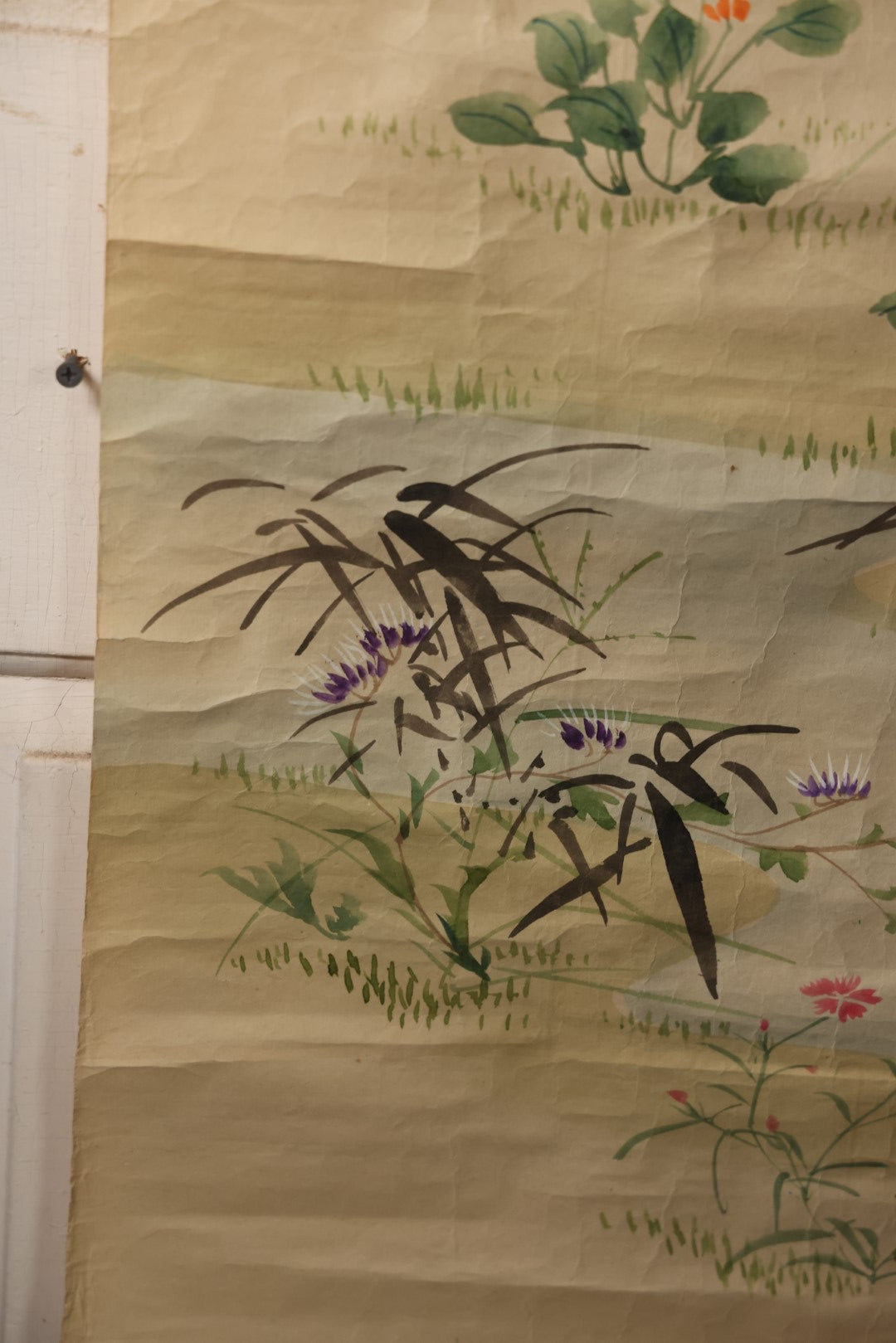 Lot 033 - Large Vintage East Asian Hand Painted Paper With Two Flying Birds, Finches, Flowers, Foliage, 19.5" X 53"