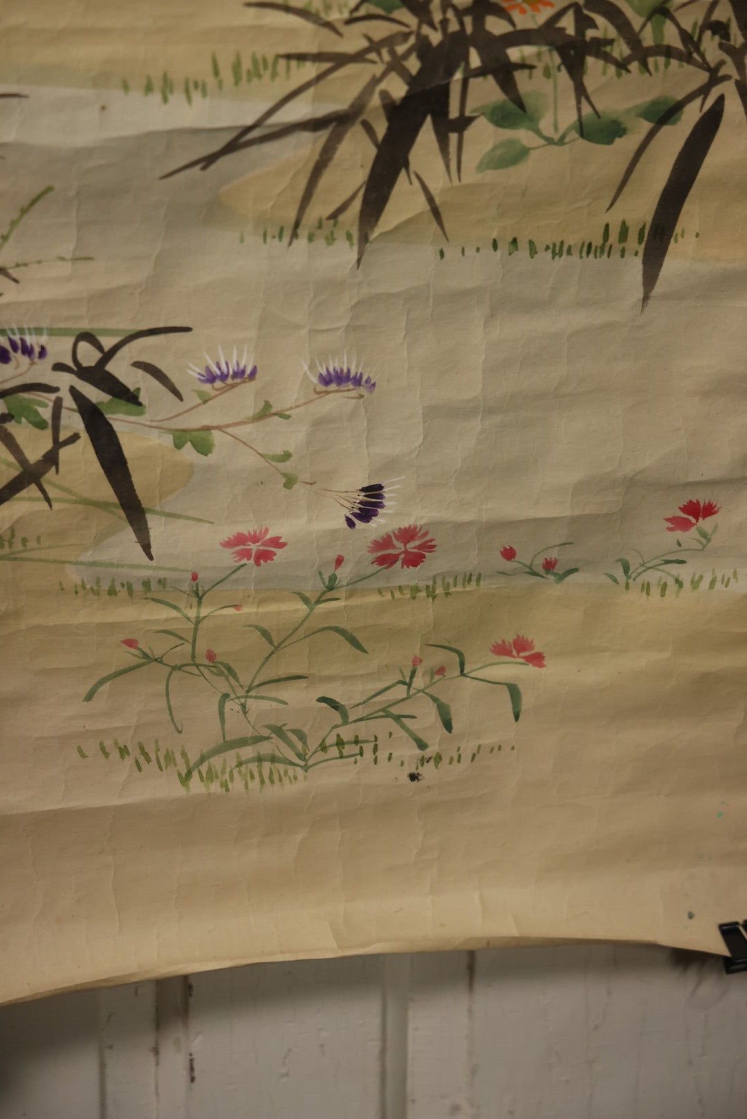 Lot 033 - Large Vintage East Asian Hand Painted Paper With Two Flying Birds, Finches, Flowers, Foliage, 19.5" X 53"