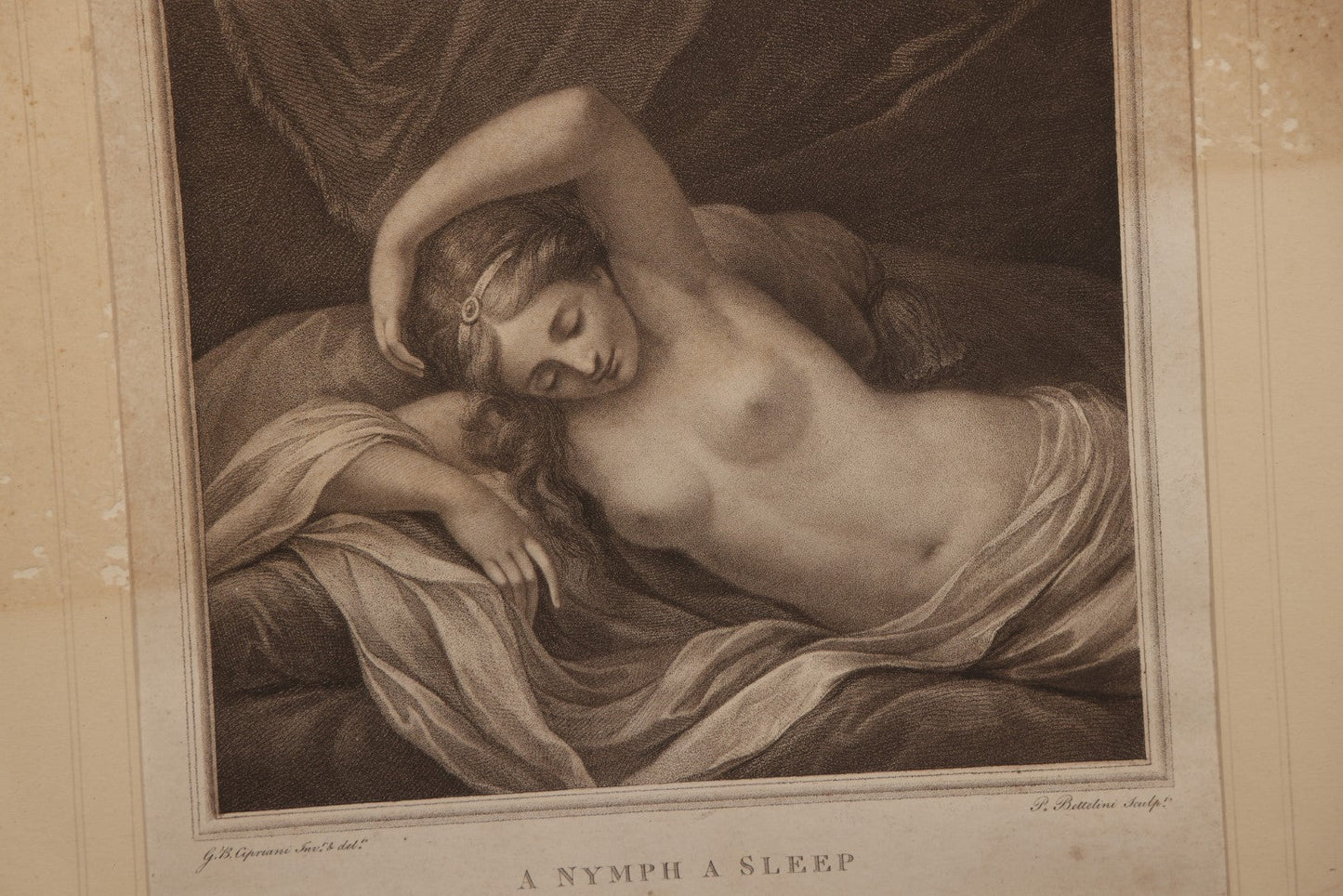 Lot 034 - Antique Nude Engraving Print, "A Nymph Asleep" After Giovanni Battista Cipriani (Italian, 1727-1785), Engraved By Pietro Bettelini, Dated 1756 By Torre & Co., No Glass In Frame, 17.5" X 16.5"