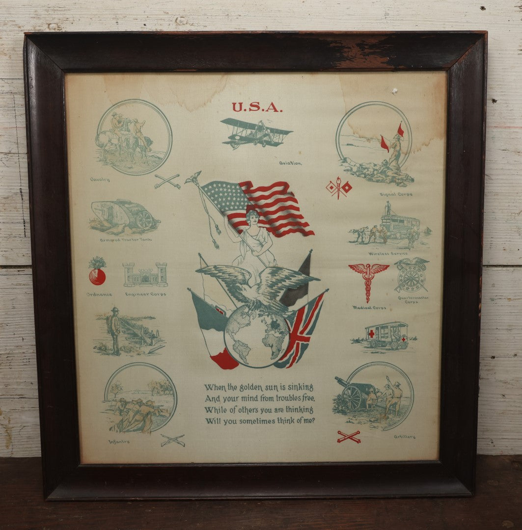 Lot 035 - Antique World War One Printed Commemorative Textile In Frame, Featuring Different Elements Of The War And Military Including Tanks, Signal Corps, Aviation, Etc., 18.5" X 19.5", Note Water Stains