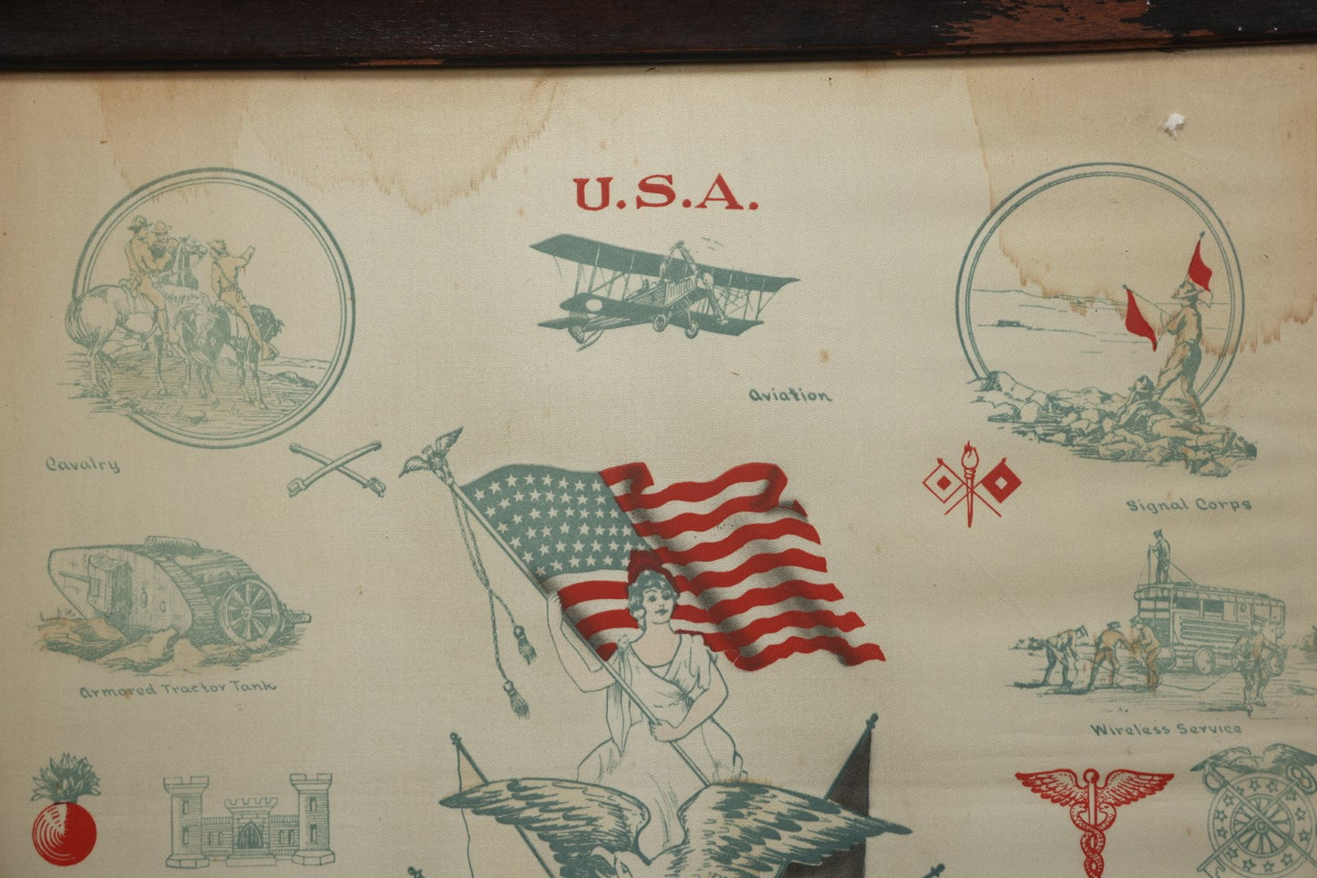 Lot 035 - Antique World War One Printed Commemorative Textile In Frame, Featuring Different Elements Of The War And Military Including Tanks, Signal Corps, Aviation, Etc., 18.5" X 19.5", Note Water Stains