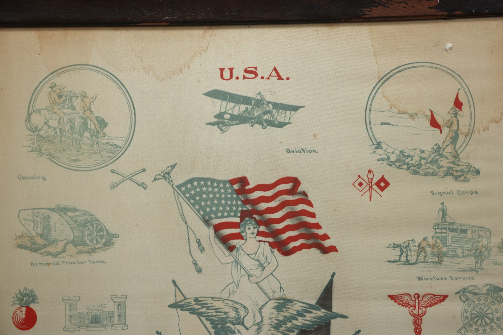 Lot 035 - Antique World War One Printed Commemorative Textile In Frame, Featuring Different Elements Of The War And Military Including Tanks, Signal Corps, Aviation, Etc., 18.5" X 19.5", Note Water Stains