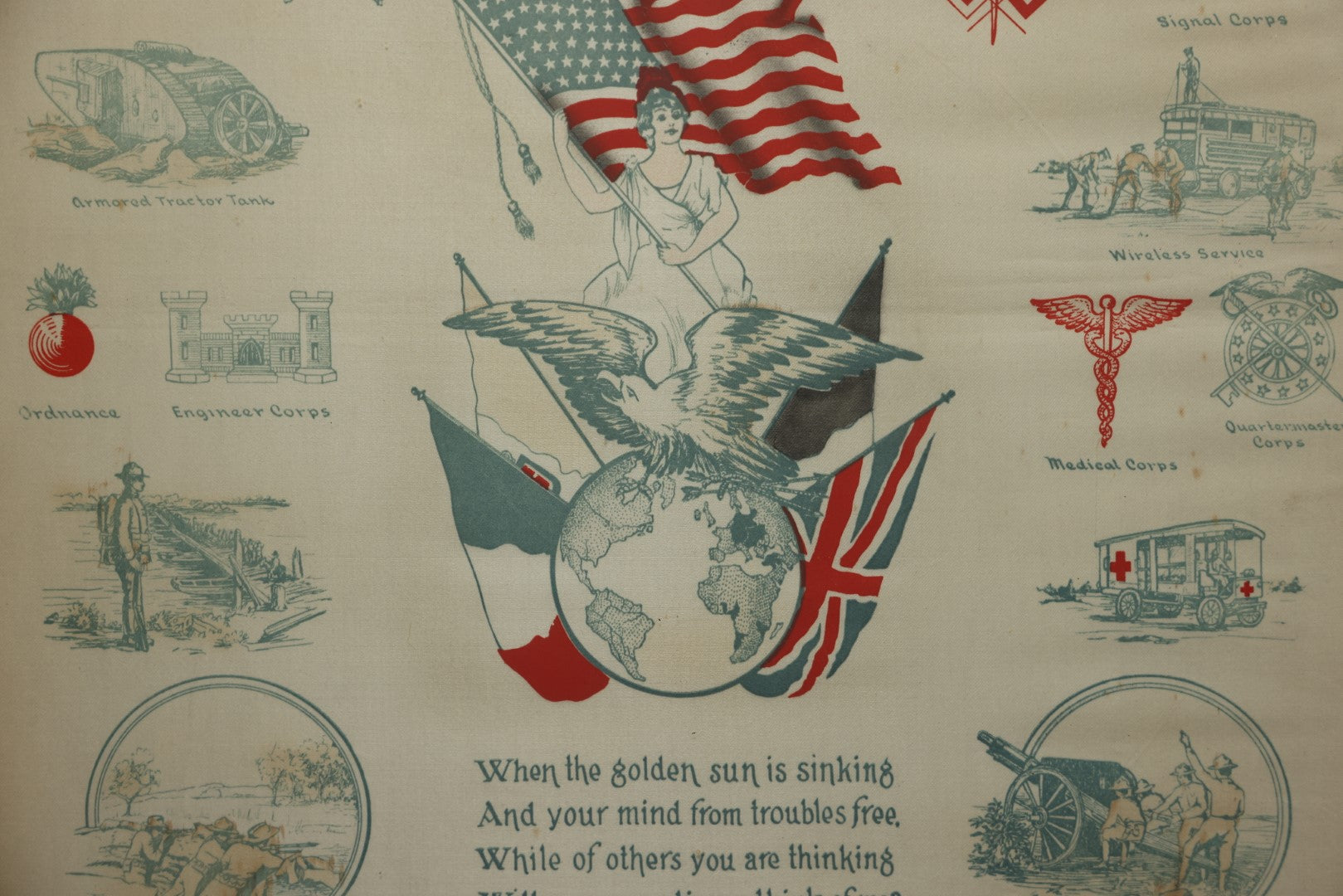 Lot 035 - Antique World War One Printed Commemorative Textile In Frame, Featuring Different Elements Of The War And Military Including Tanks, Signal Corps, Aviation, Etc., 18.5" X 19.5", Note Water Stains