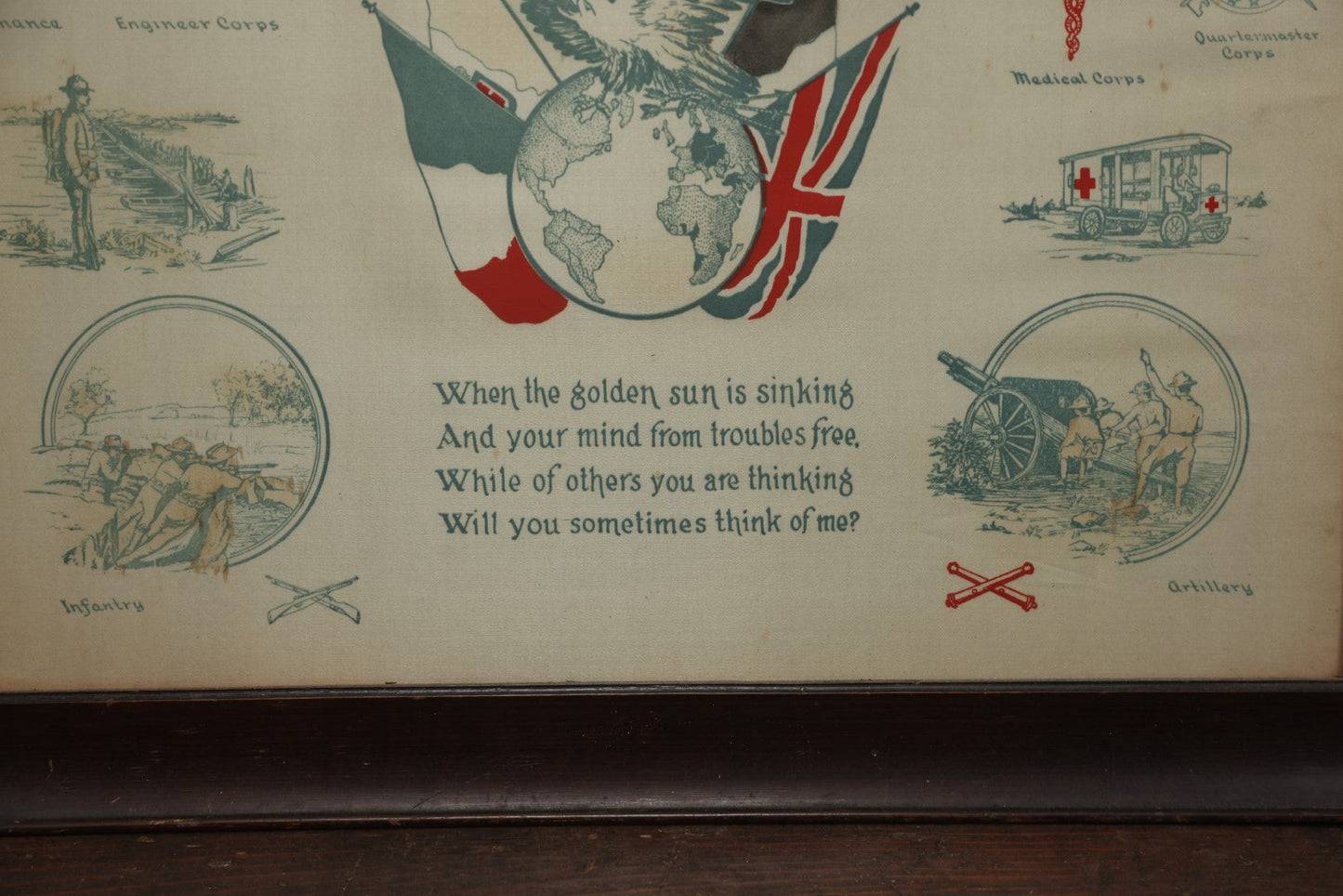 Lot 035 - Antique World War One Printed Commemorative Textile In Frame, Featuring Different Elements Of The War And Military Including Tanks, Signal Corps, Aviation, Etc., 18.5" X 19.5", Note Water Stains