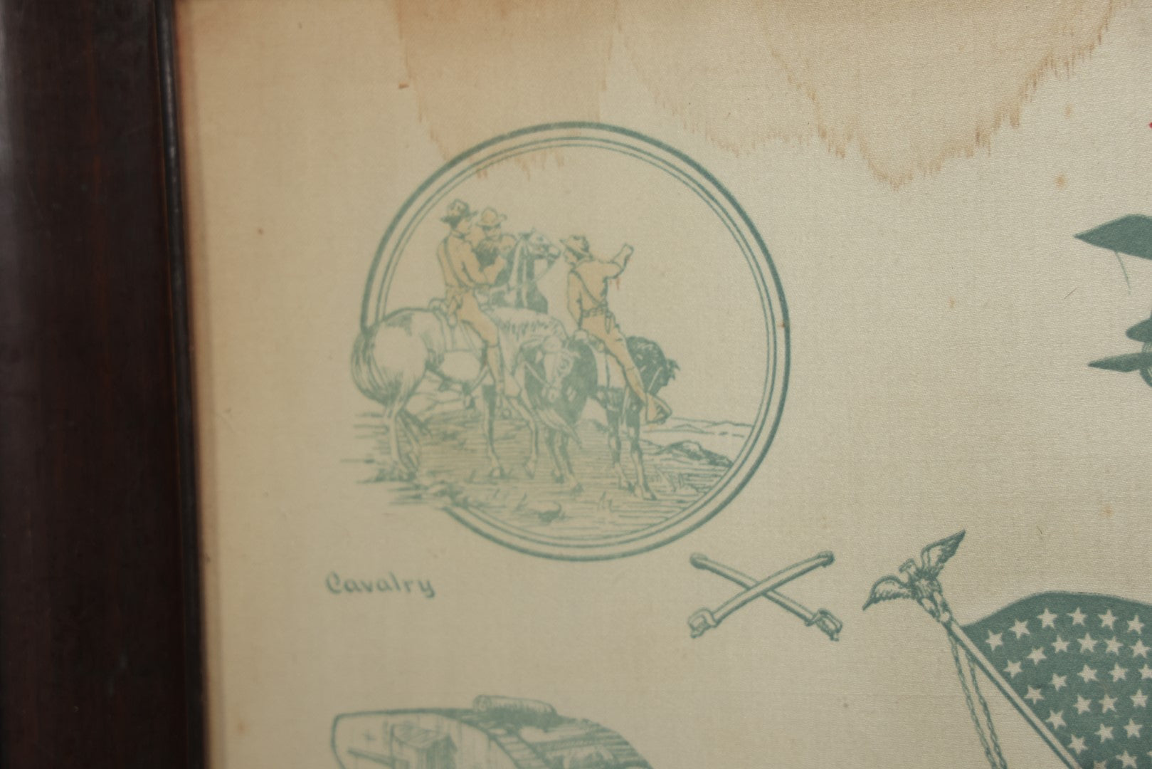 Lot 035 - Antique World War One Printed Commemorative Textile In Frame, Featuring Different Elements Of The War And Military Including Tanks, Signal Corps, Aviation, Etc., 18.5" X 19.5", Note Water Stains