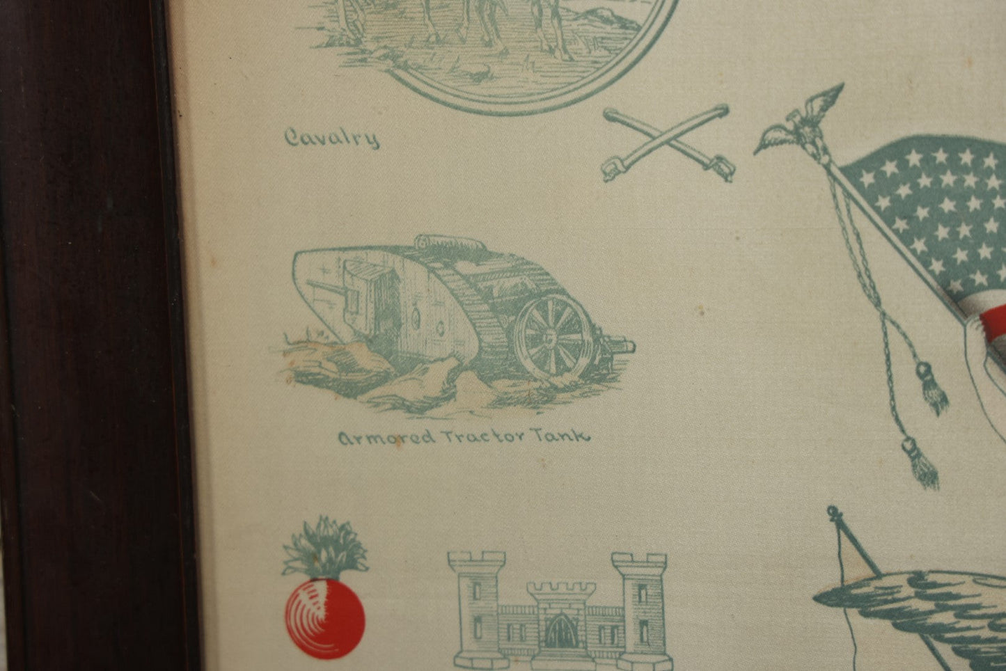 Lot 035 - Antique World War One Printed Commemorative Textile In Frame, Featuring Different Elements Of The War And Military Including Tanks, Signal Corps, Aviation, Etc., 18.5" X 19.5", Note Water Stains