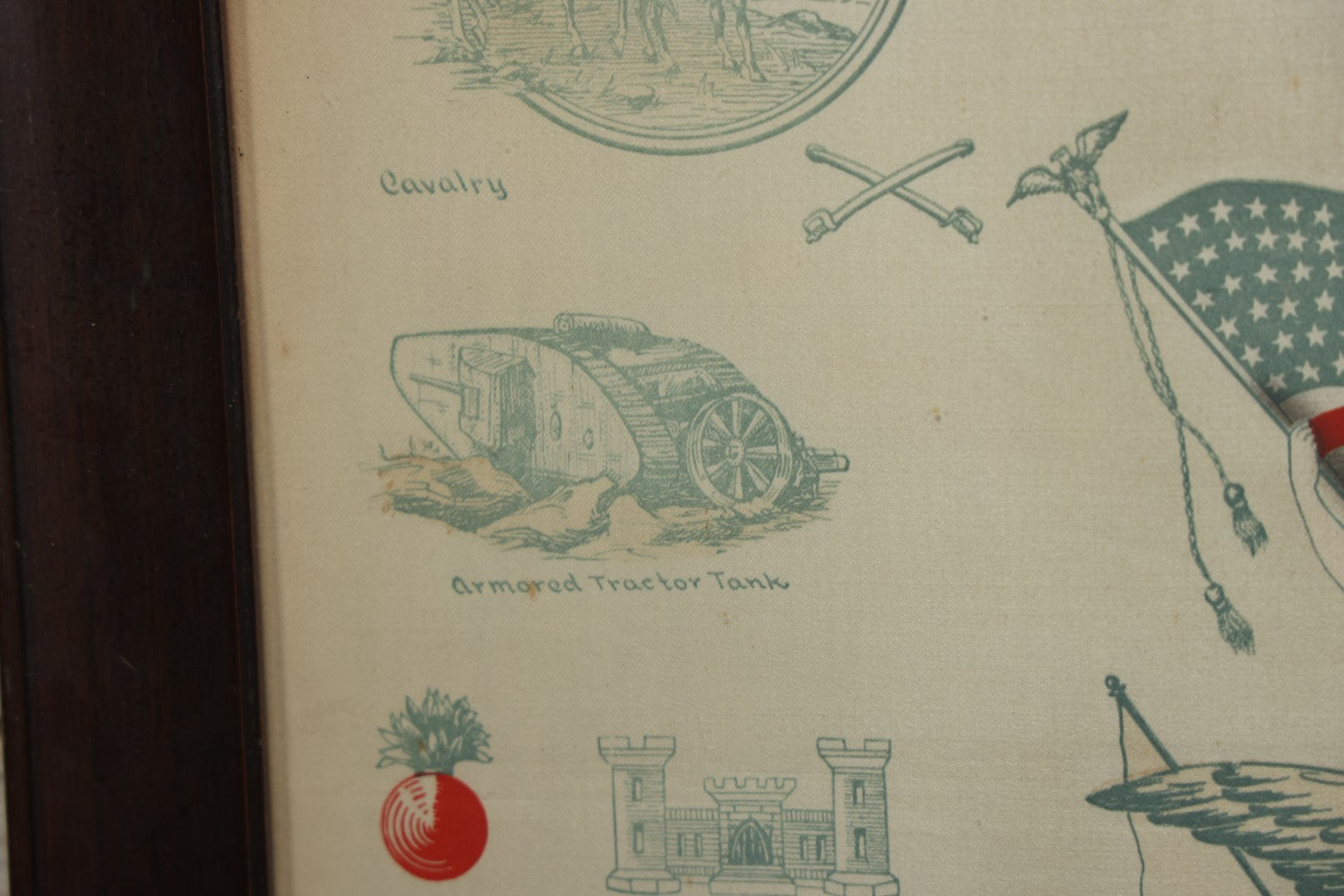 Lot 035 - Antique World War One Printed Commemorative Textile In Frame, Featuring Different Elements Of The War And Military Including Tanks, Signal Corps, Aviation, Etc., 18.5" X 19.5", Note Water Stains