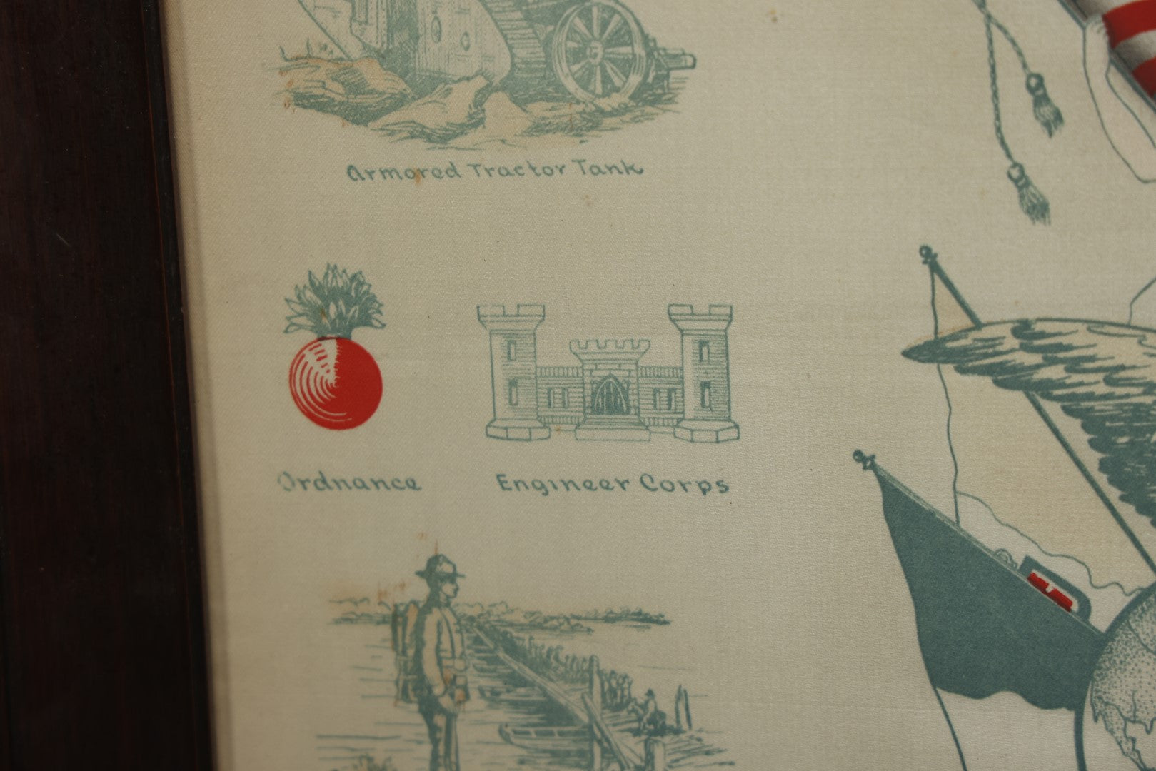 Lot 035 - Antique World War One Printed Commemorative Textile In Frame, Featuring Different Elements Of The War And Military Including Tanks, Signal Corps, Aviation, Etc., 18.5" X 19.5", Note Water Stains