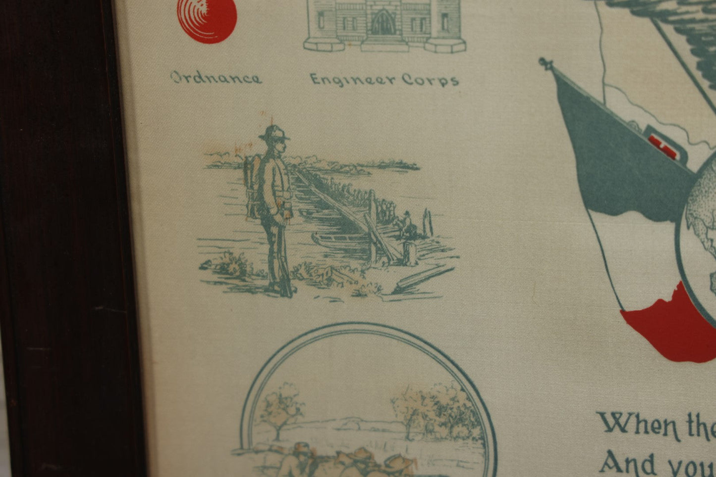 Lot 035 - Antique World War One Printed Commemorative Textile In Frame, Featuring Different Elements Of The War And Military Including Tanks, Signal Corps, Aviation, Etc., 18.5" X 19.5", Note Water Stains