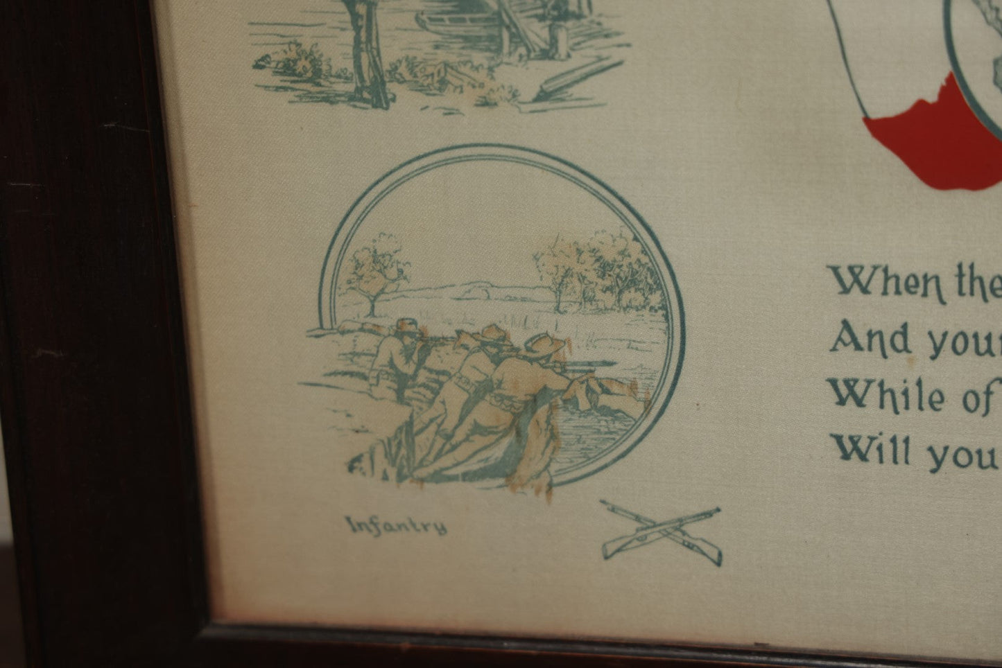 Lot 035 - Antique World War One Printed Commemorative Textile In Frame, Featuring Different Elements Of The War And Military Including Tanks, Signal Corps, Aviation, Etc., 18.5" X 19.5", Note Water Stains