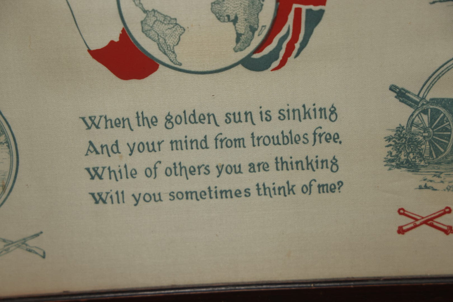 Lot 035 - Antique World War One Printed Commemorative Textile In Frame, Featuring Different Elements Of The War And Military Including Tanks, Signal Corps, Aviation, Etc., 18.5" X 19.5", Note Water Stains