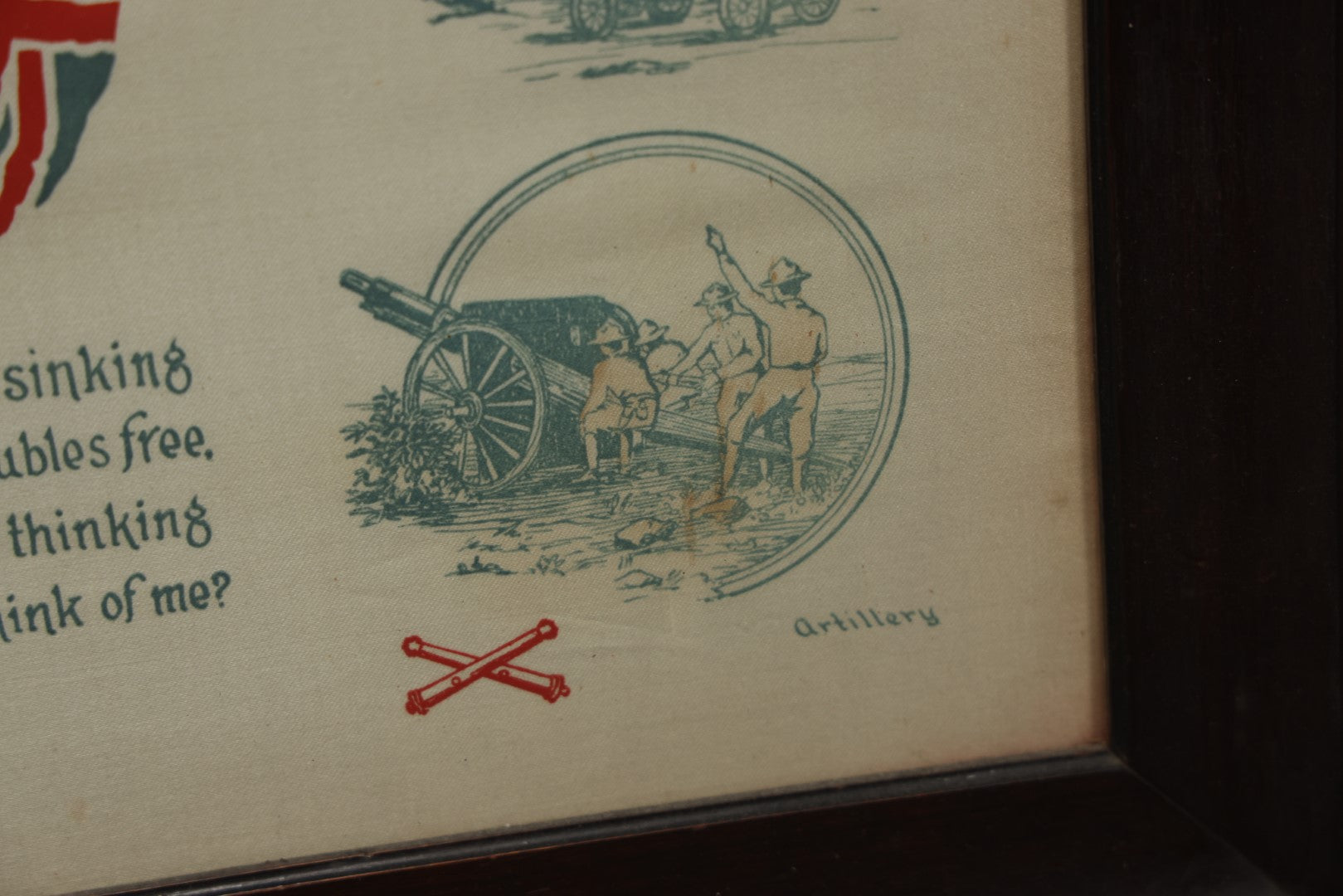 Lot 035 - Antique World War One Printed Commemorative Textile In Frame, Featuring Different Elements Of The War And Military Including Tanks, Signal Corps, Aviation, Etc., 18.5" X 19.5", Note Water Stains