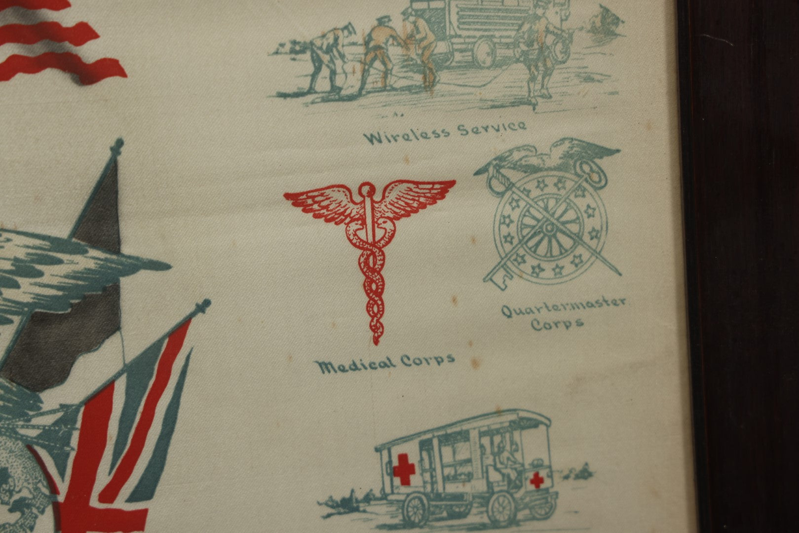 Lot 035 - Antique World War One Printed Commemorative Textile In Frame, Featuring Different Elements Of The War And Military Including Tanks, Signal Corps, Aviation, Etc., 18.5" X 19.5", Note Water Stains