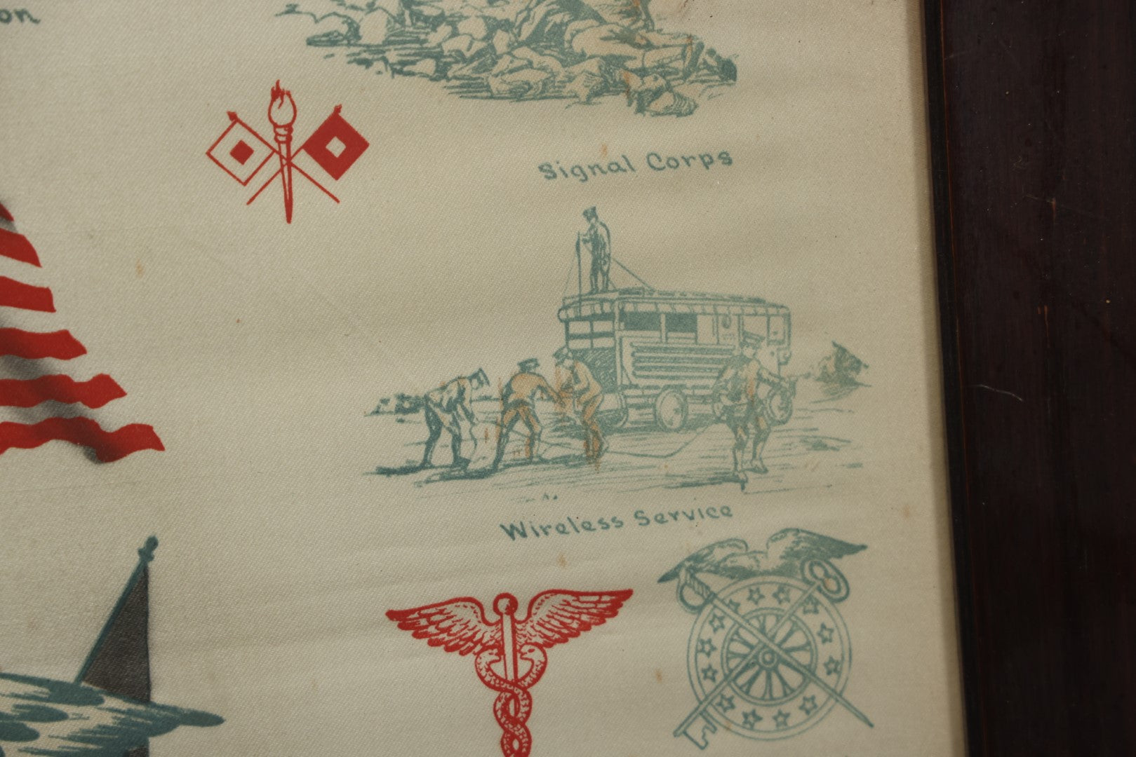 Lot 035 - Antique World War One Printed Commemorative Textile In Frame, Featuring Different Elements Of The War And Military Including Tanks, Signal Corps, Aviation, Etc., 18.5" X 19.5", Note Water Stains