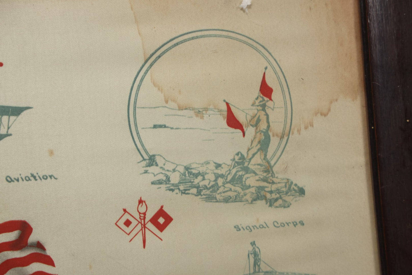 Lot 035 - Antique World War One Printed Commemorative Textile In Frame, Featuring Different Elements Of The War And Military Including Tanks, Signal Corps, Aviation, Etc., 18.5" X 19.5", Note Water Stains