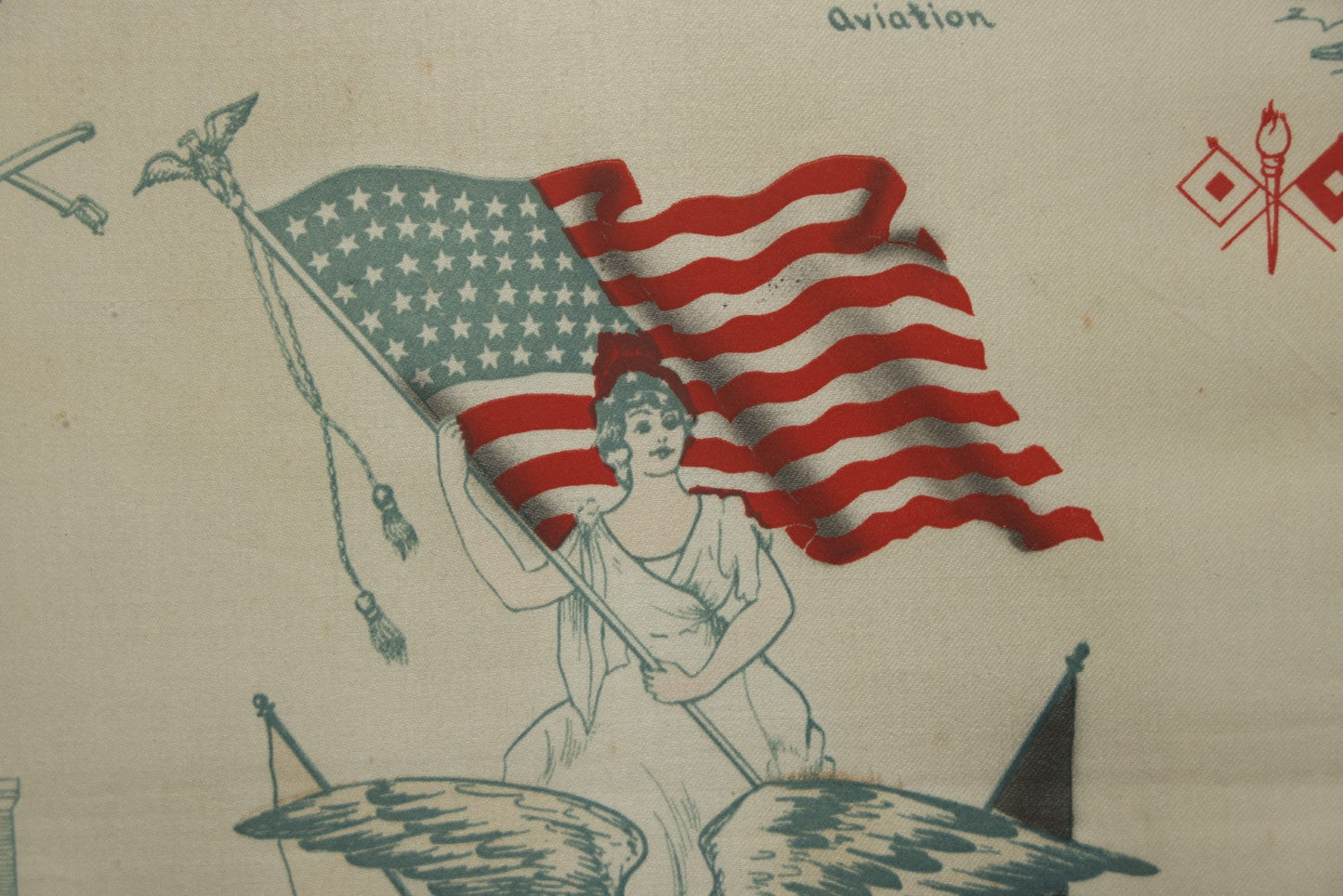 Lot 035 - Antique World War One Printed Commemorative Textile In Frame, Featuring Different Elements Of The War And Military Including Tanks, Signal Corps, Aviation, Etc., 18.5" X 19.5", Note Water Stains