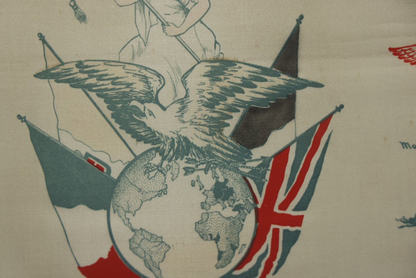 Lot 035 - Antique World War One Printed Commemorative Textile In Frame, Featuring Different Elements Of The War And Military Including Tanks, Signal Corps, Aviation, Etc., 18.5" X 19.5", Note Water Stains