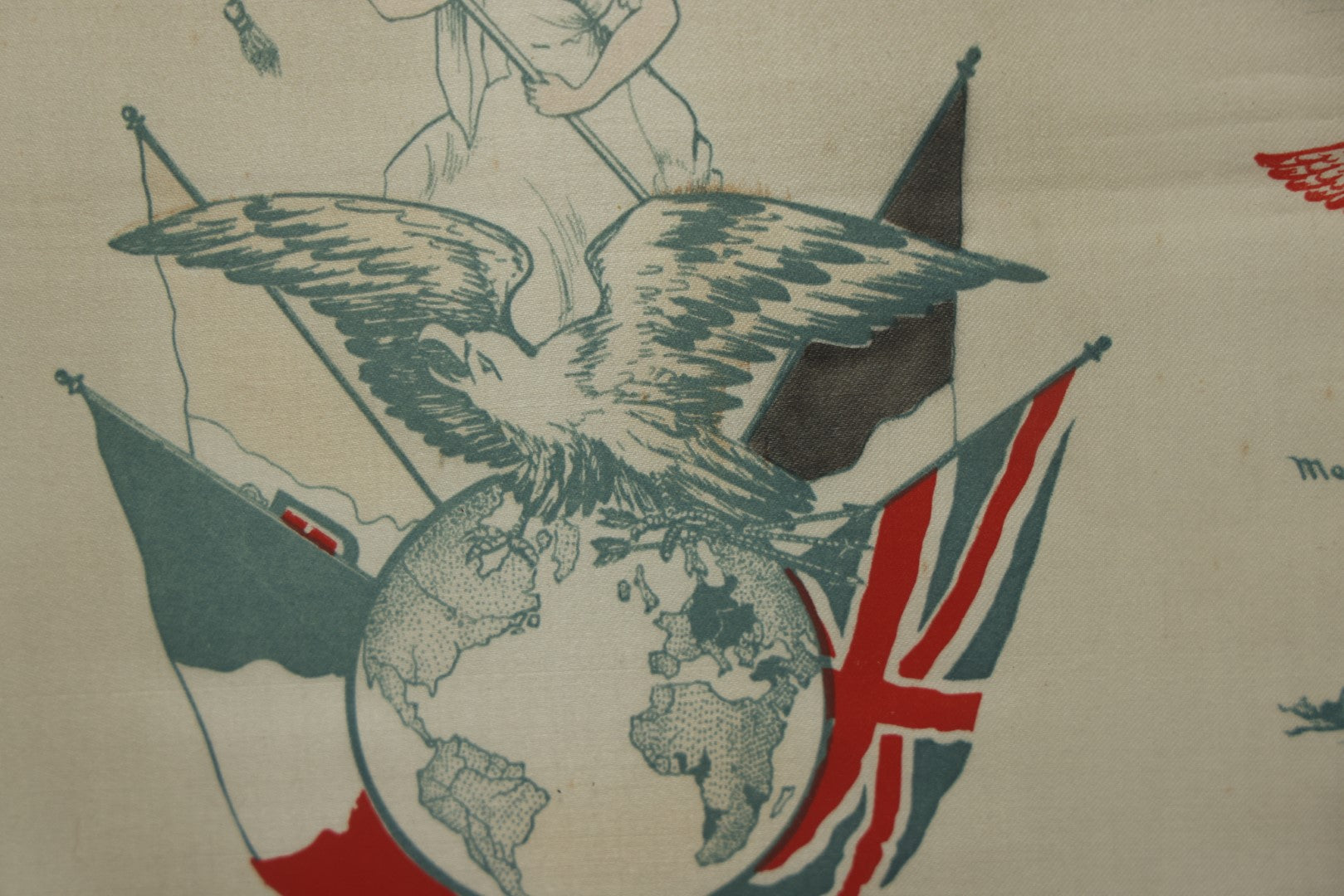 Lot 035 - Antique World War One Printed Commemorative Textile In Frame, Featuring Different Elements Of The War And Military Including Tanks, Signal Corps, Aviation, Etc., 18.5" X 19.5", Note Water Stains