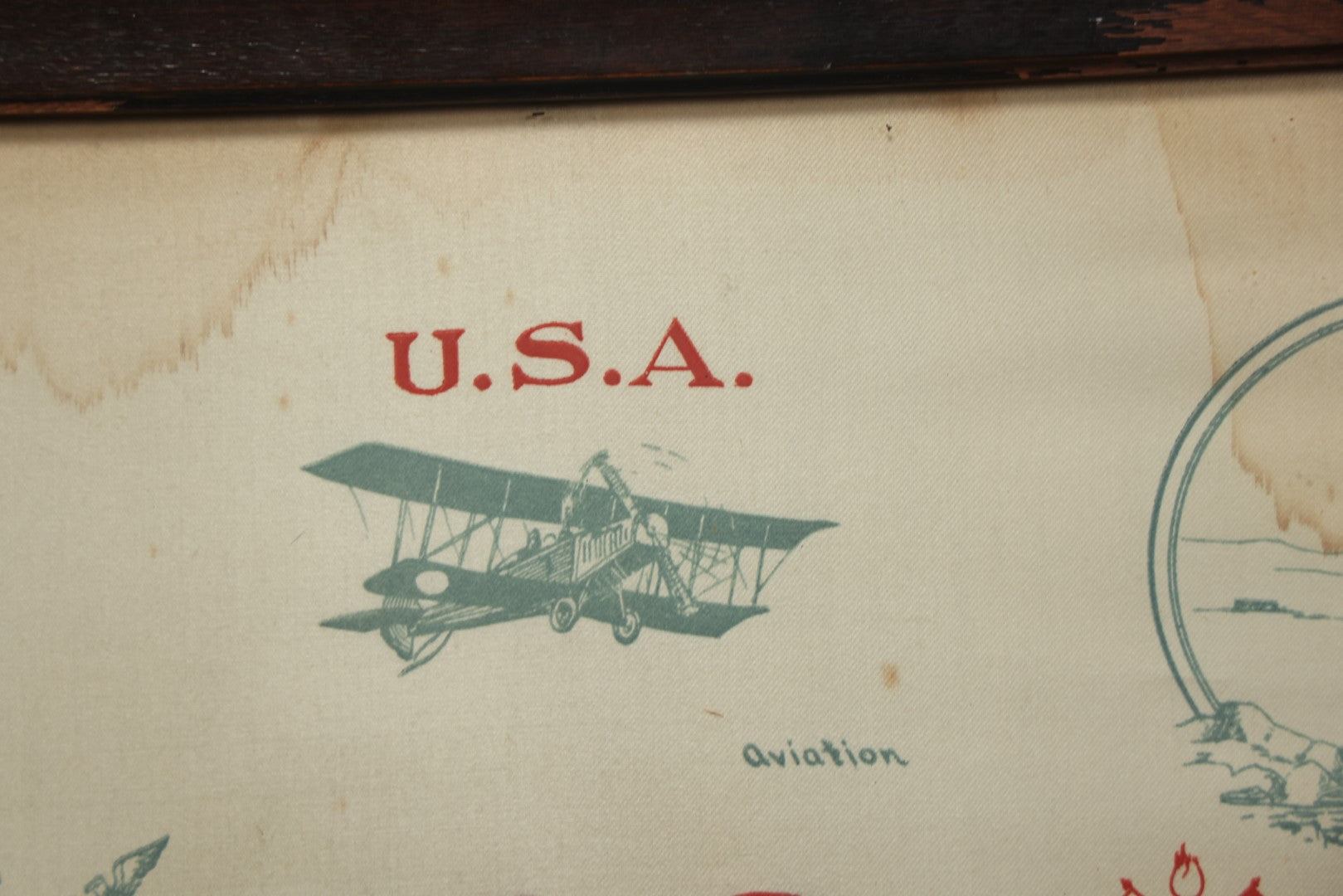 Lot 035 - Antique World War One Printed Commemorative Textile In Frame, Featuring Different Elements Of The War And Military Including Tanks, Signal Corps, Aviation, Etc., 18.5" X 19.5", Note Water Stains