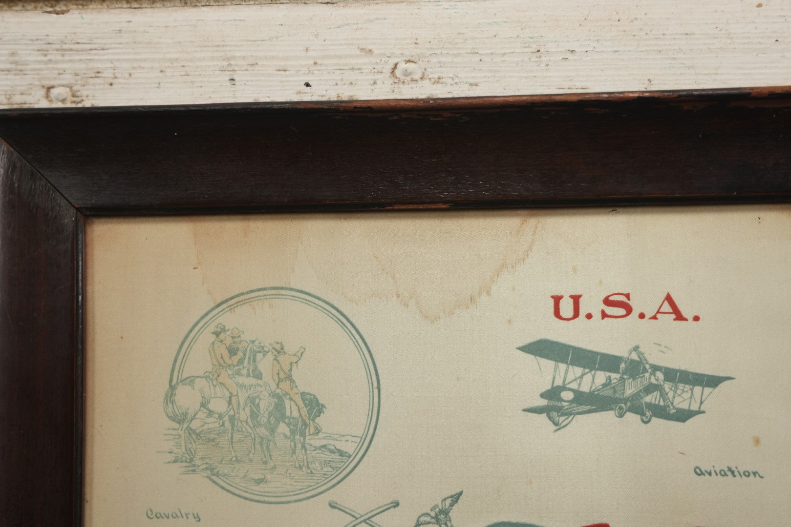 Lot 035 - Antique World War One Printed Commemorative Textile In Frame, Featuring Different Elements Of The War And Military Including Tanks, Signal Corps, Aviation, Etc., 18.5" X 19.5", Note Water Stains