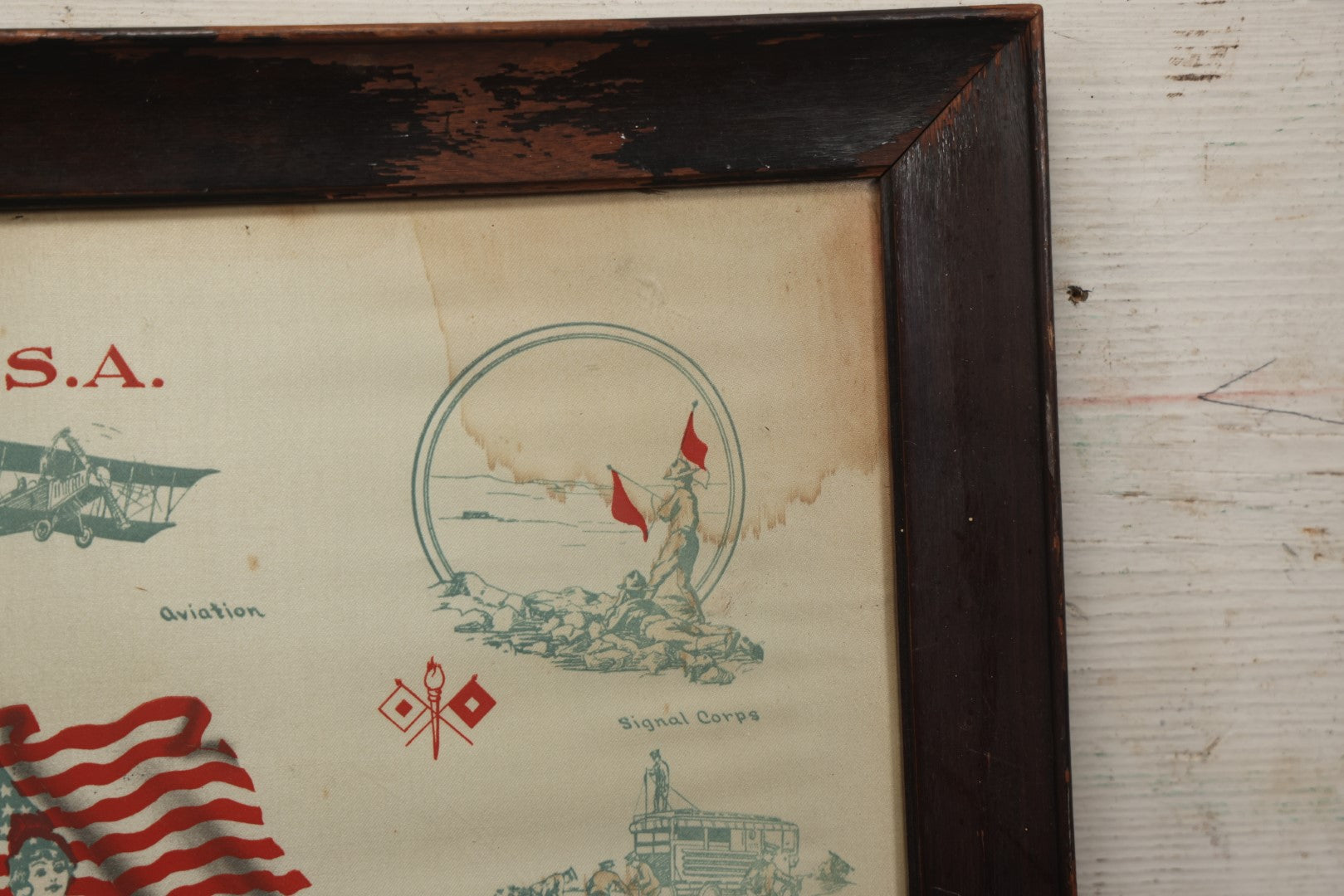 Lot 035 - Antique World War One Printed Commemorative Textile In Frame, Featuring Different Elements Of The War And Military Including Tanks, Signal Corps, Aviation, Etc., 18.5" X 19.5", Note Water Stains