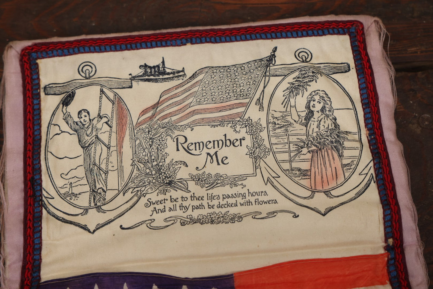 Lot 036 - Antique World War One Commemorative Pillow Keepsake, Remember Me, With 48 Star Flag, Note Heavy Fraying