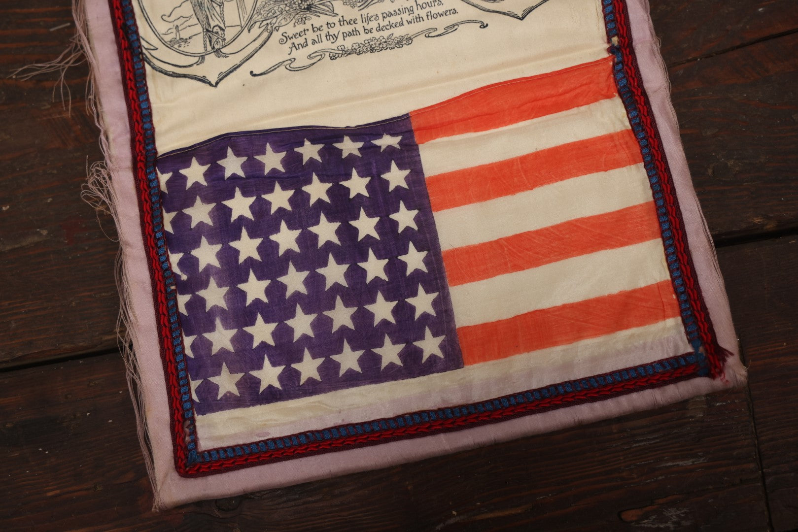Lot 036 - Antique World War One Commemorative Pillow Keepsake, Remember Me, With 48 Star Flag, Note Heavy Fraying