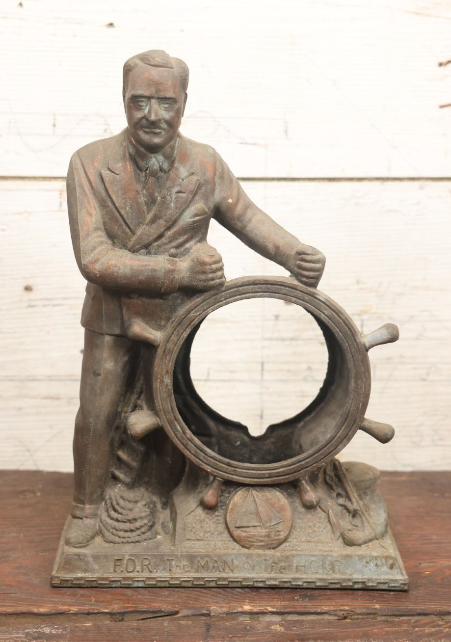 Lot 037 - Vintage Pot Metal Franklin Delano Roosevelt F.D.R. The Man Of The Hour Clock Case, Circa 1930S, New Deal, With Ship'S Wheel, No Clock