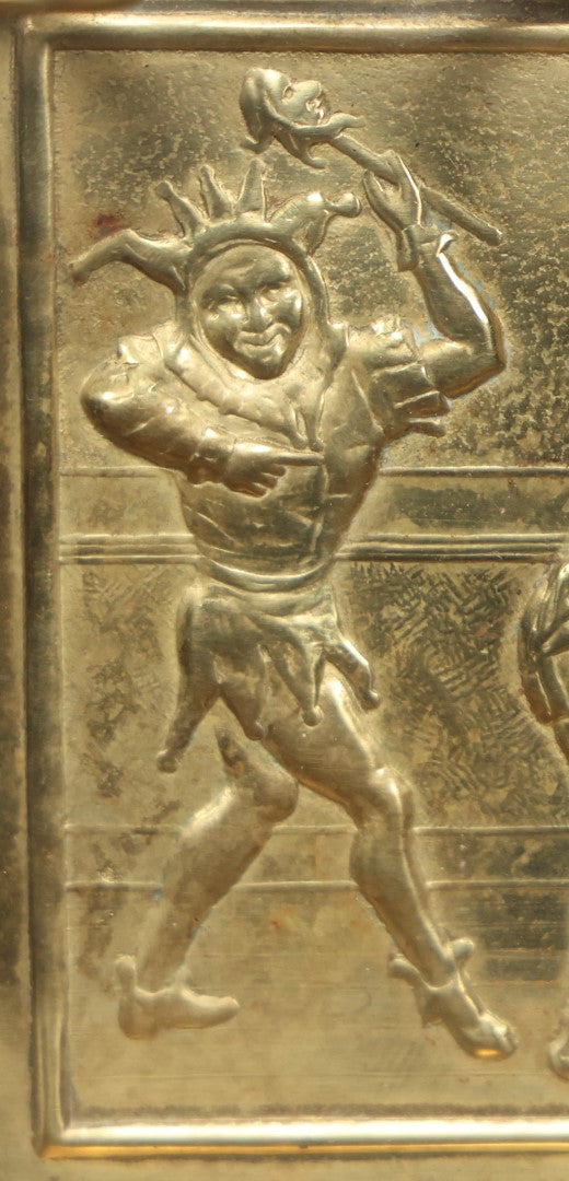 Lot 038 - Antique Pressed Brass Tobacco Pipe Rack With Court Jester, Pig'S Head On Platter, Dog, Etc, Comic Scene, Wall Mountable, Space For 4 Pipes