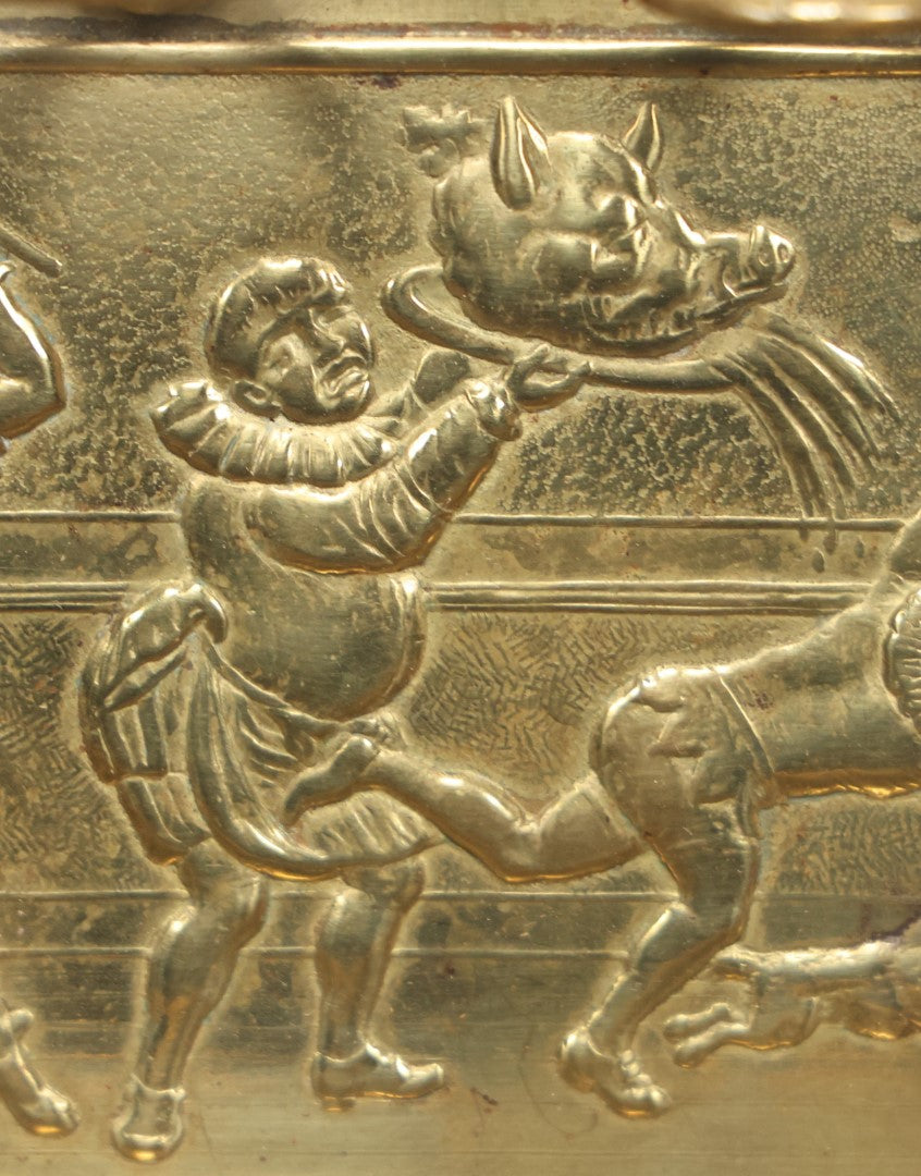 Lot 038 - Antique Pressed Brass Tobacco Pipe Rack With Court Jester, Pig'S Head On Platter, Dog, Etc, Comic Scene, Wall Mountable, Space For 4 Pipes