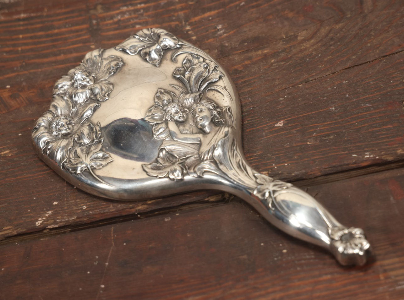 Lot 039 - Antique Silverplate Art Nouveau Repousse Beveled Glass Dresser Brush With Woman'S Face, Cherubs In Flowers, Marked Hope Silver Co., Anchor Hallmark
