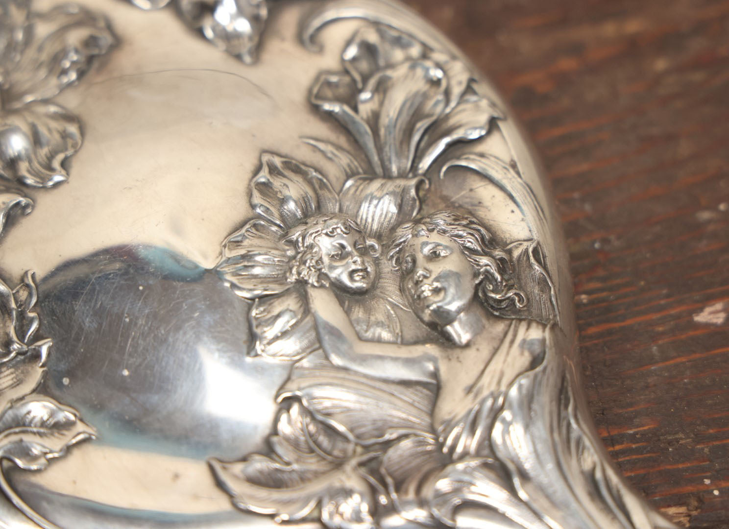 Lot 039 - Antique Silverplate Art Nouveau Repousse Beveled Glass Dresser Brush With Woman'S Face, Cherubs In Flowers, Marked Hope Silver Co., Anchor Hallmark