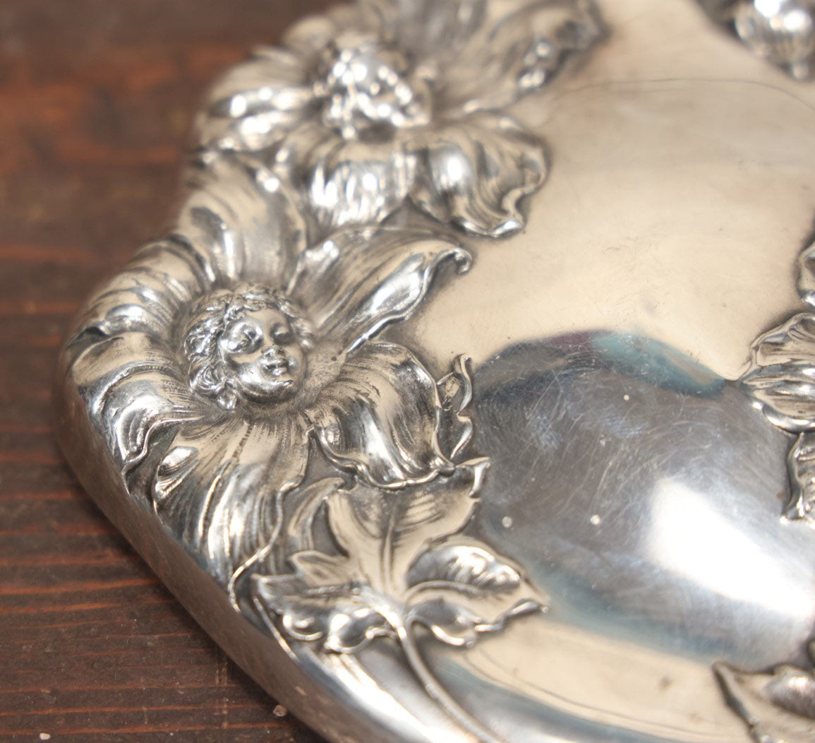 Lot 039 - Antique Silverplate Art Nouveau Repousse Beveled Glass Dresser Brush With Woman'S Face, Cherubs In Flowers, Marked Hope Silver Co., Anchor Hallmark