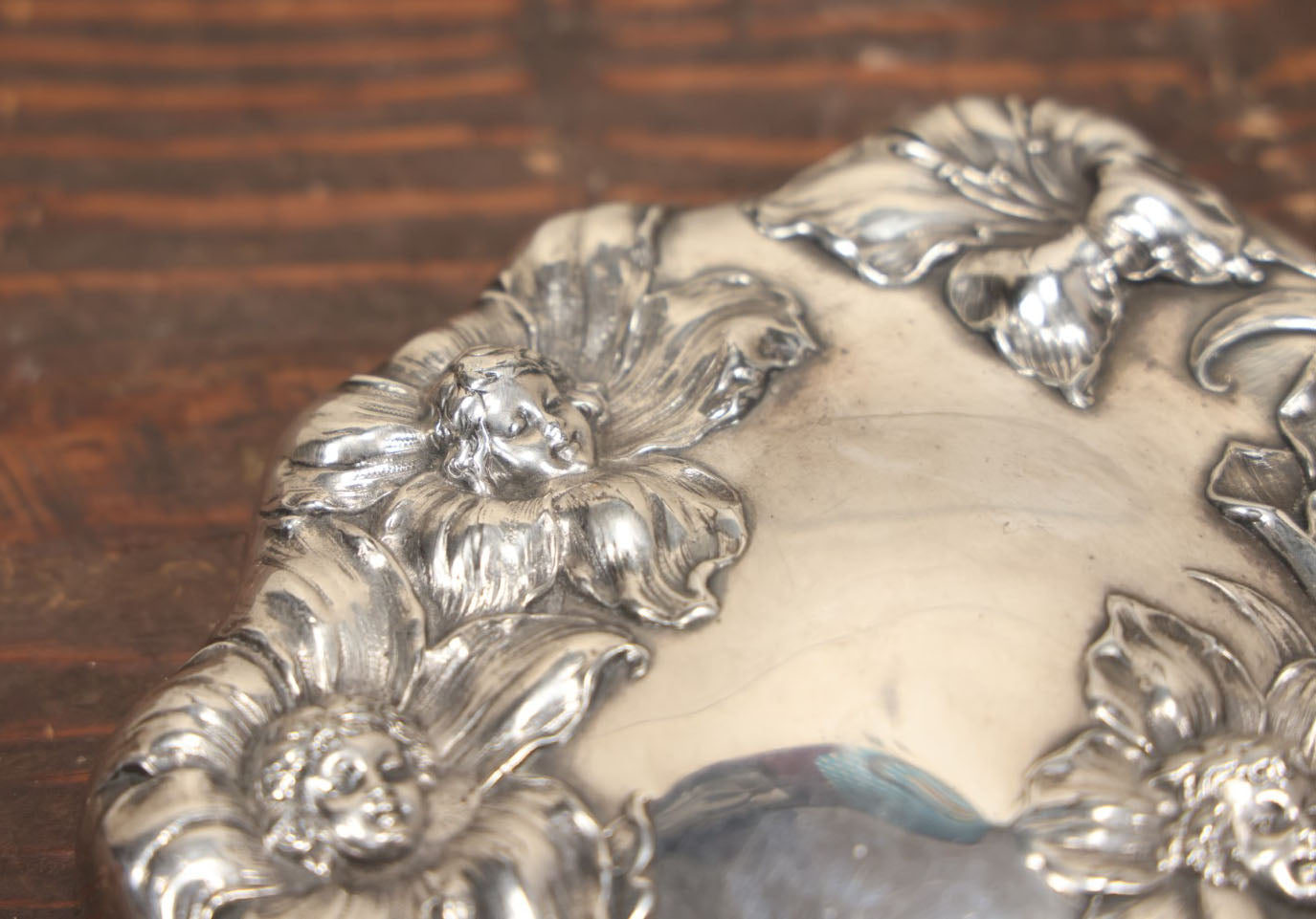 Lot 039 - Antique Silverplate Art Nouveau Repousse Beveled Glass Dresser Brush With Woman'S Face, Cherubs In Flowers, Marked Hope Silver Co., Anchor Hallmark