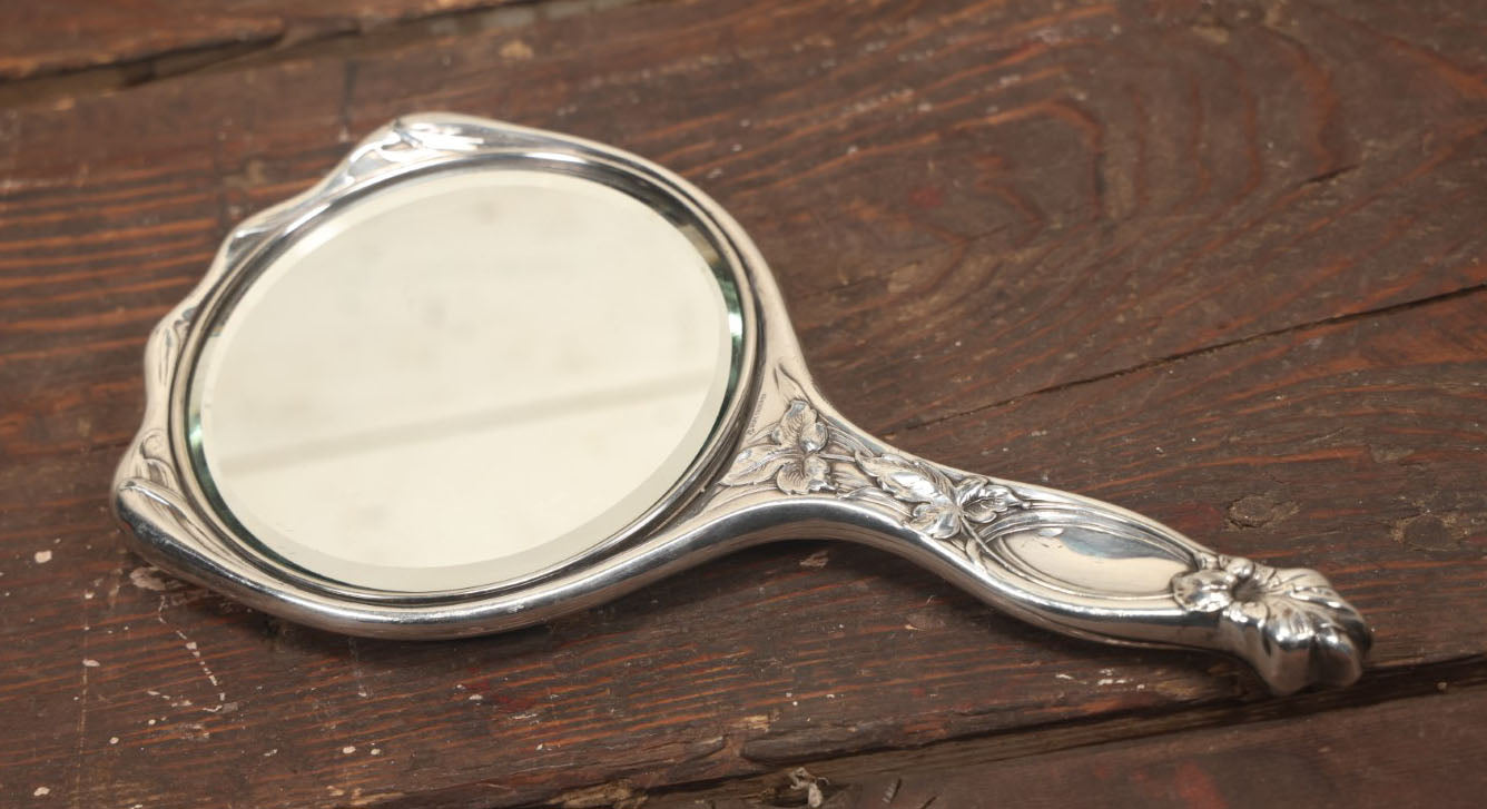 Lot 039 - Antique Silverplate Art Nouveau Repousse Beveled Glass Dresser Brush With Woman'S Face, Cherubs In Flowers, Marked Hope Silver Co., Anchor Hallmark
